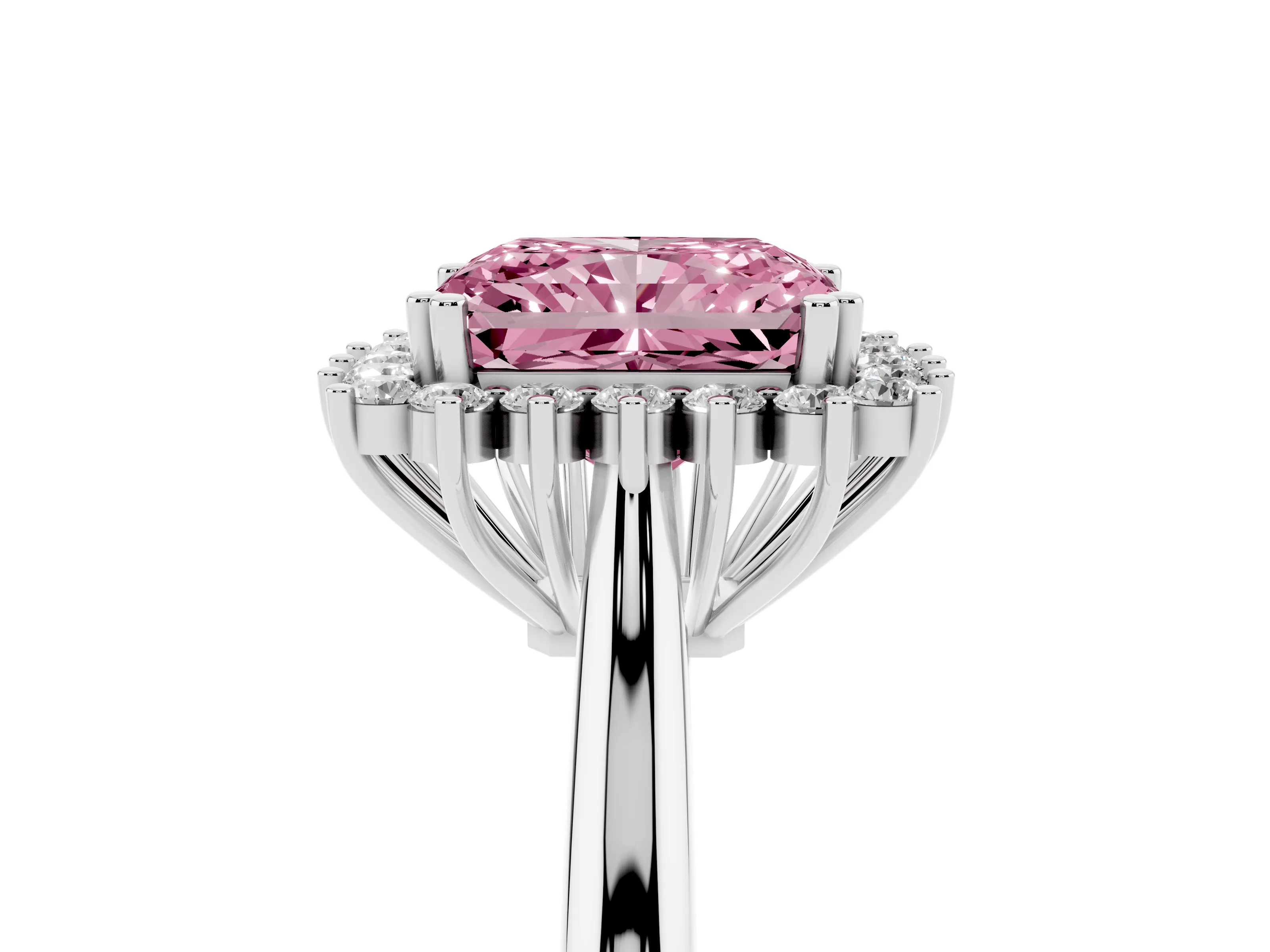 Fancy Pink Radiant Cut Diamond Halo Ring Set in Platinum with Plain Solitaire Band and Prong Setting
