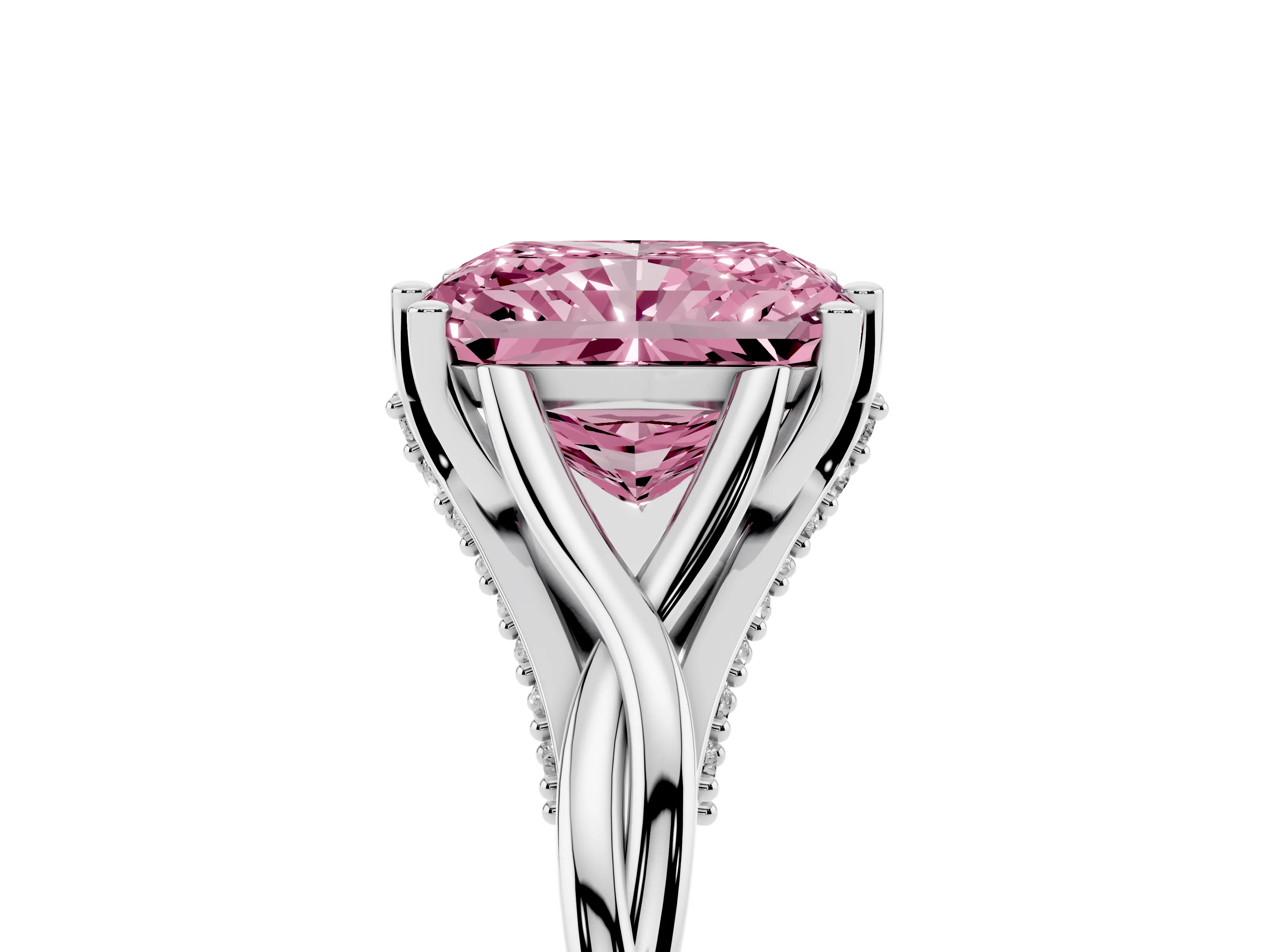 Fancy Pink Radiant Cut Diamond Intertwined Twist Band Solitaire Ring Set in White gold with Prong Setting