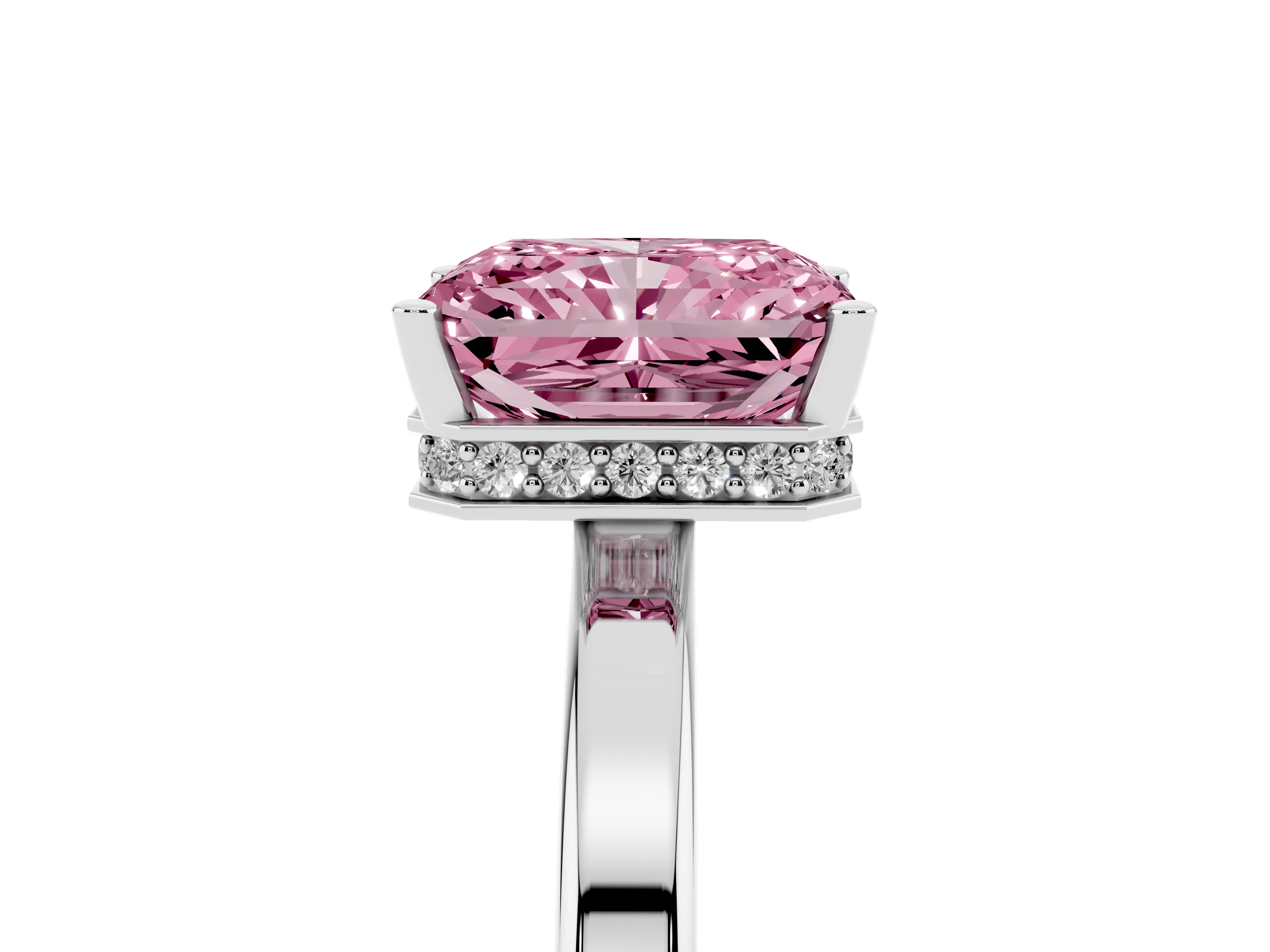 Fancy Pink Radiant Cut Diamond Solitaire Engagement Ring Set in White gold with Prong Setting on a Plain Band