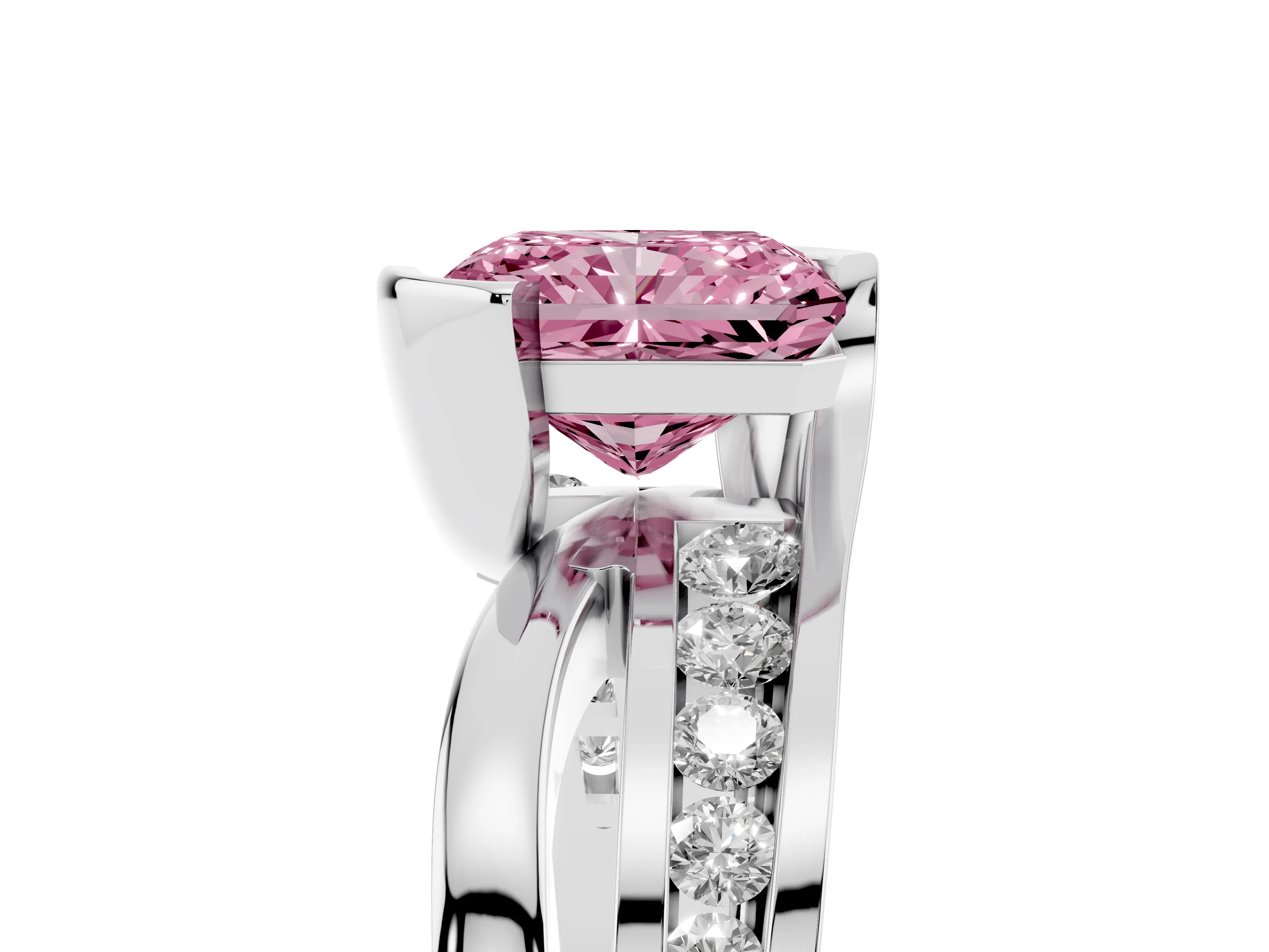 Fancy Pink Radiant Cut Diamond Solitaire Ring Set in Platinum with Channel Set Split Shank and Tension Prongs