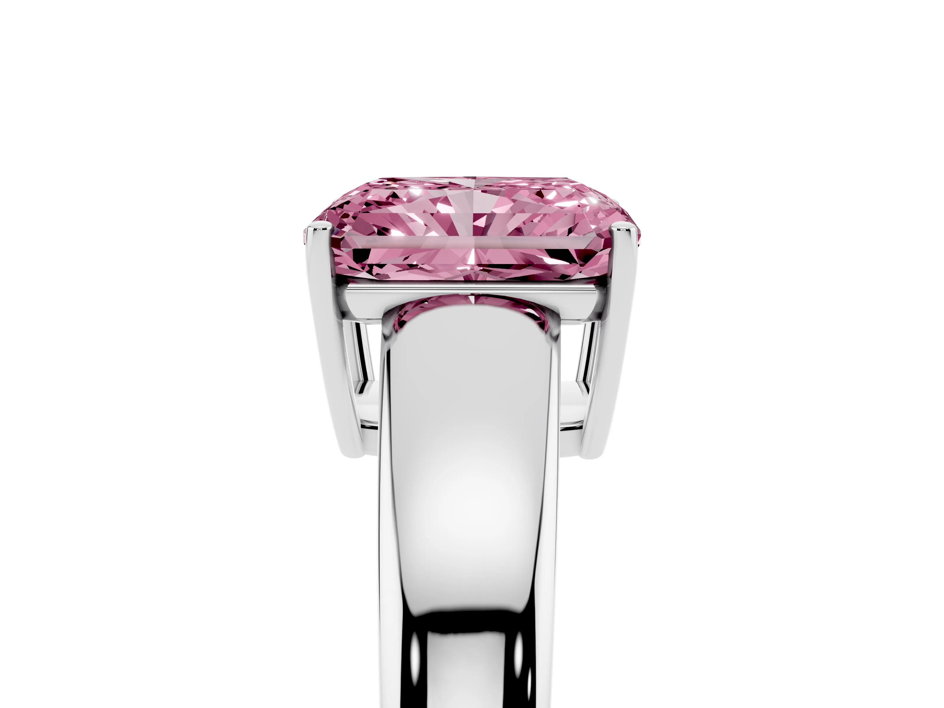 Fancy Pink Radiant Cut Diamond Solitaire Ring Set in White gold with Tapered Band and Prong Setting