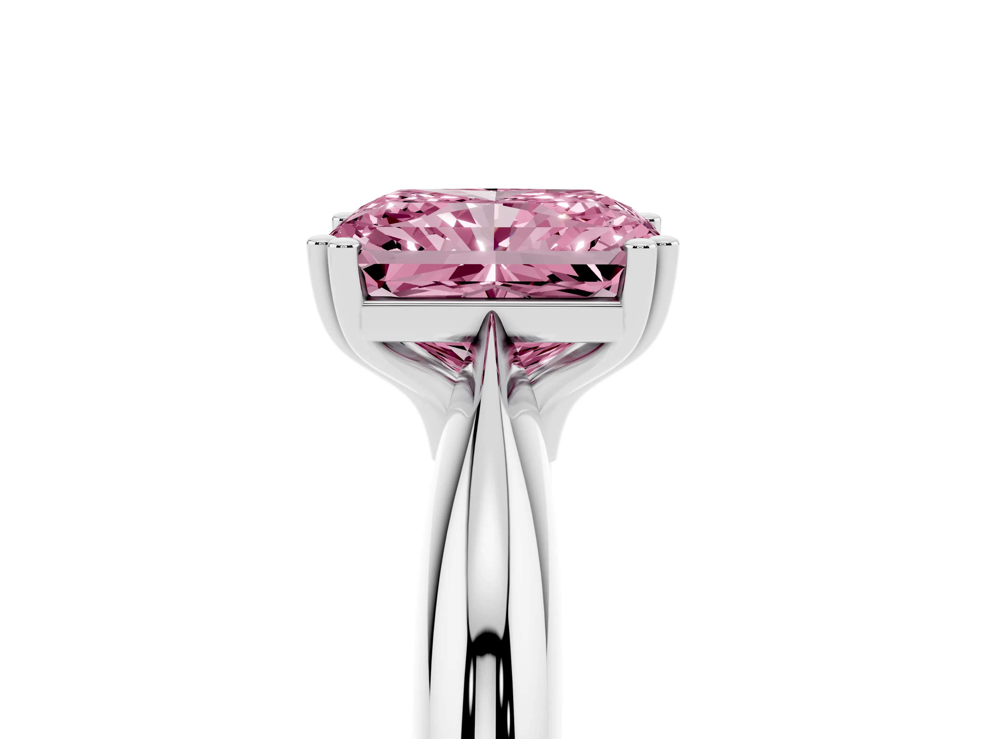 Fancy Pink Radiant Cut Diamond Solitaire Engagement Ring Set in White gold with Tapered Band and Prong Setting