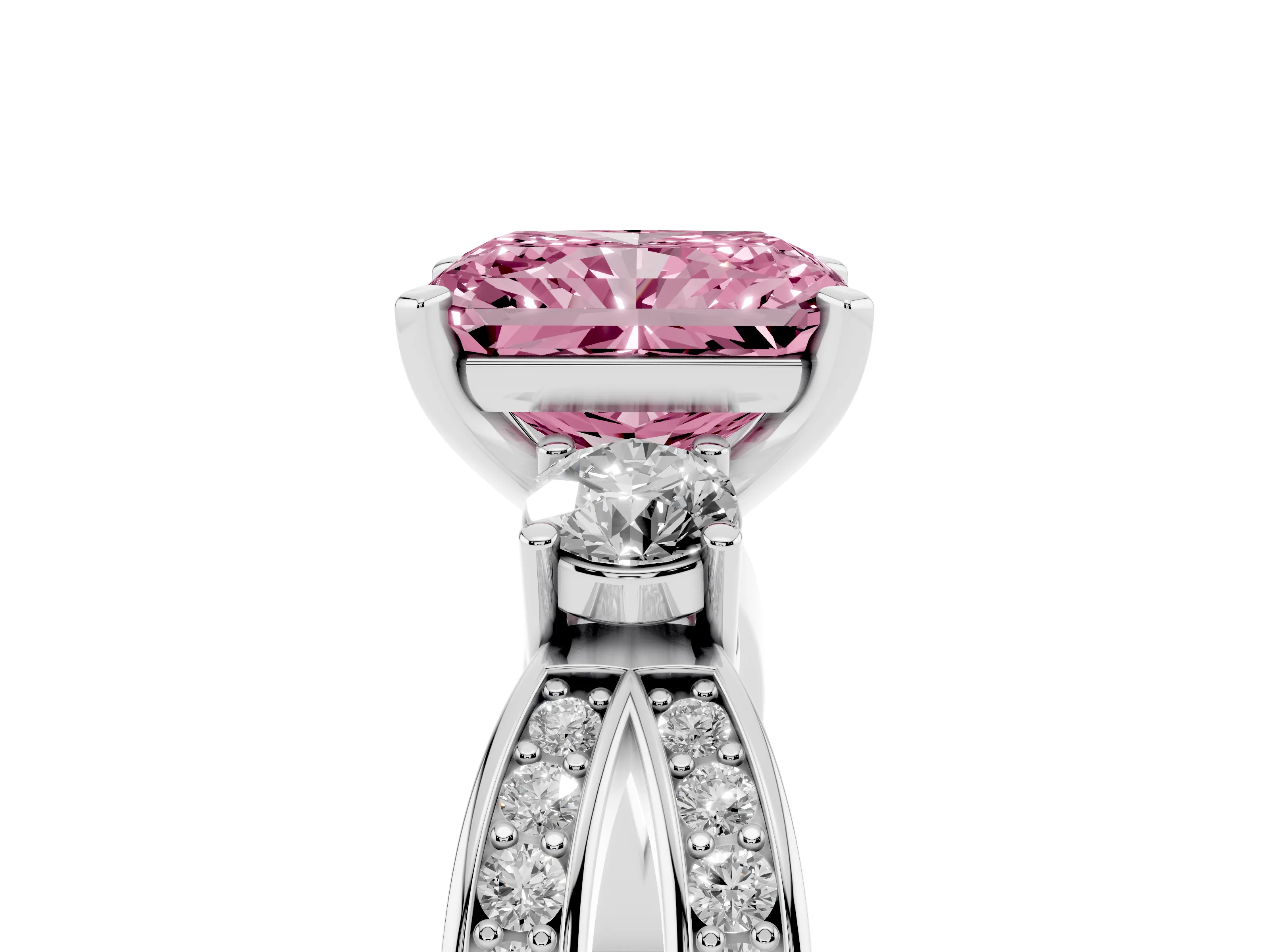 Fancy Pink Three-Stone Radiant Cut Diamond Twist Band Ring Set in Silver with Pavé Accents and Prong Setting