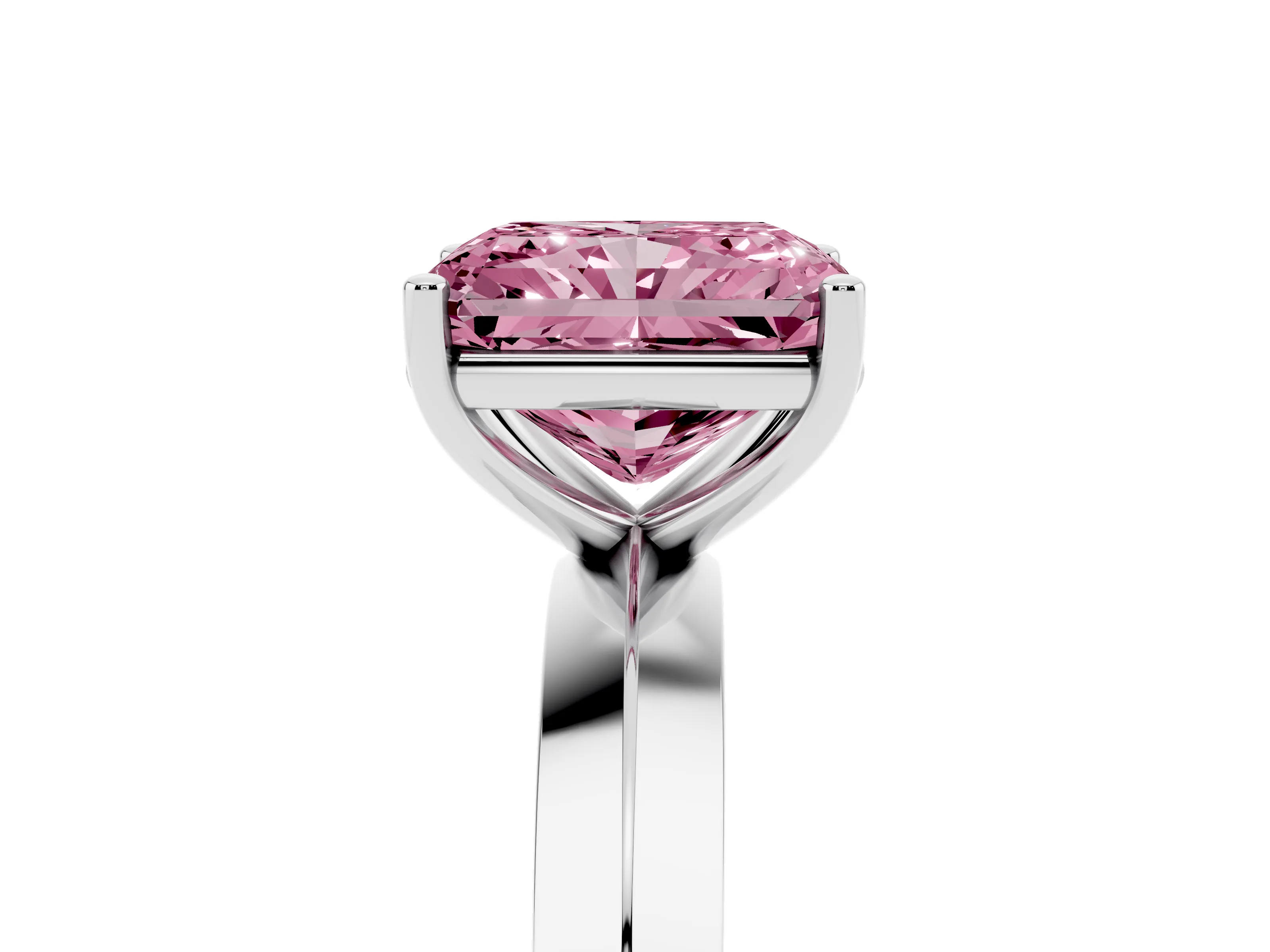 Fancy Pink Radiant Cut Diamond Solitaire Engagement Ring Set in Silver with Flat Band and Prong Setting