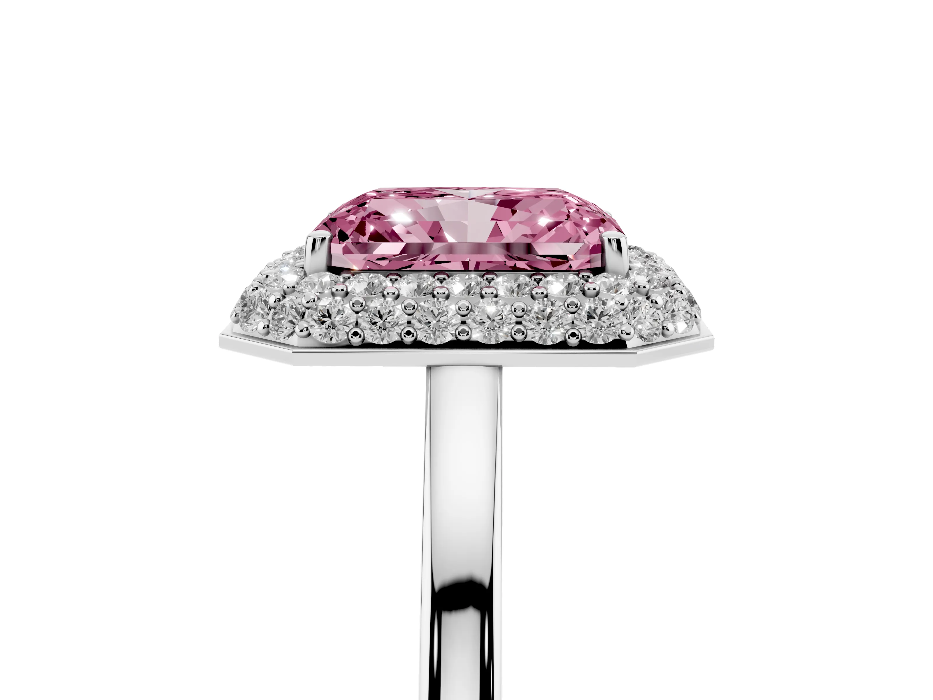 Fancy Pink Radiant Cut Diamond Halo Engagement Ring Set in Platinum with Solitaire Band and Prong Setting