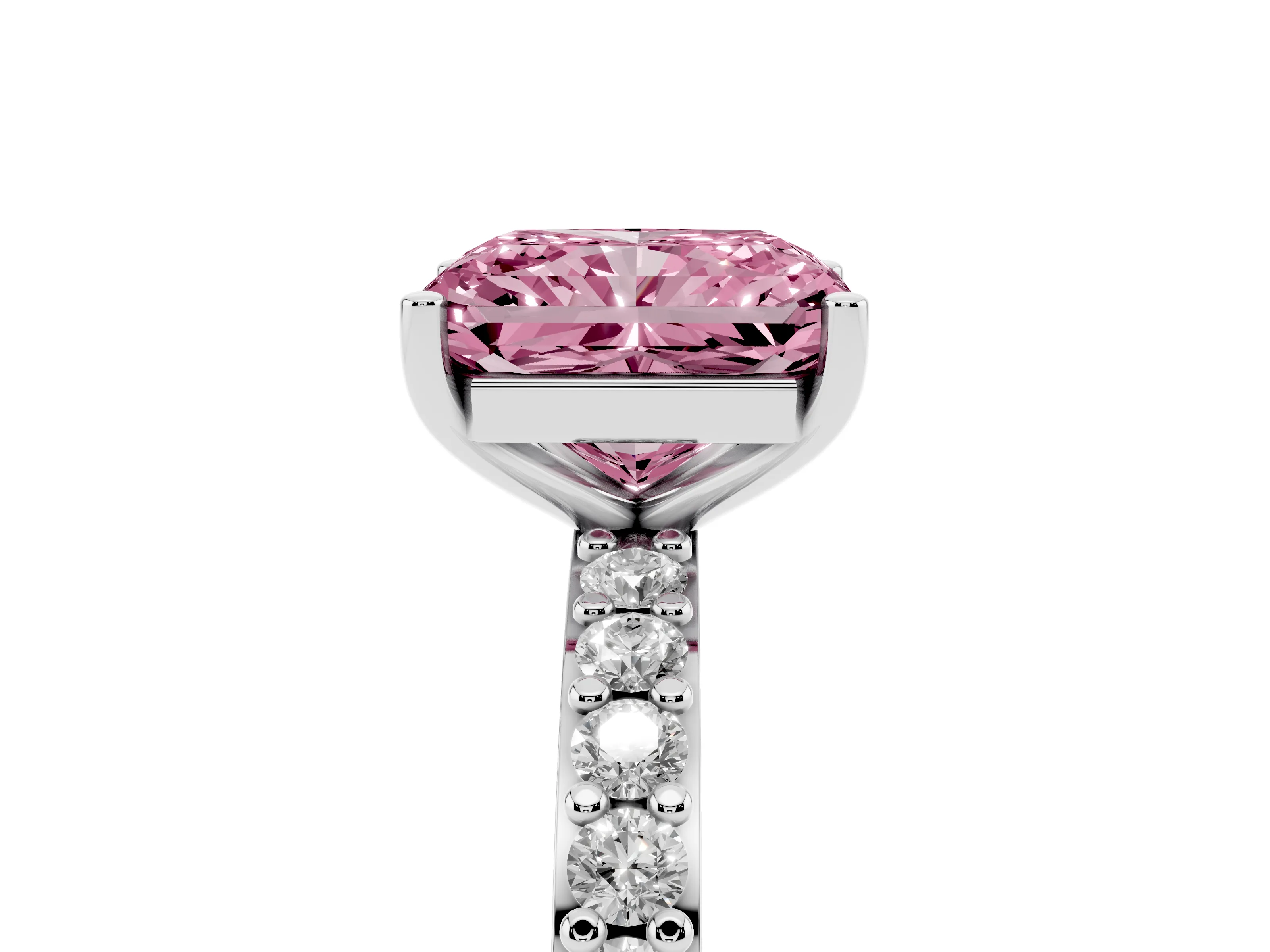 Fancy Pink Radiant Cut Diamond Solitaire Set in White gold with Round Pavé Band and Prong Setting
