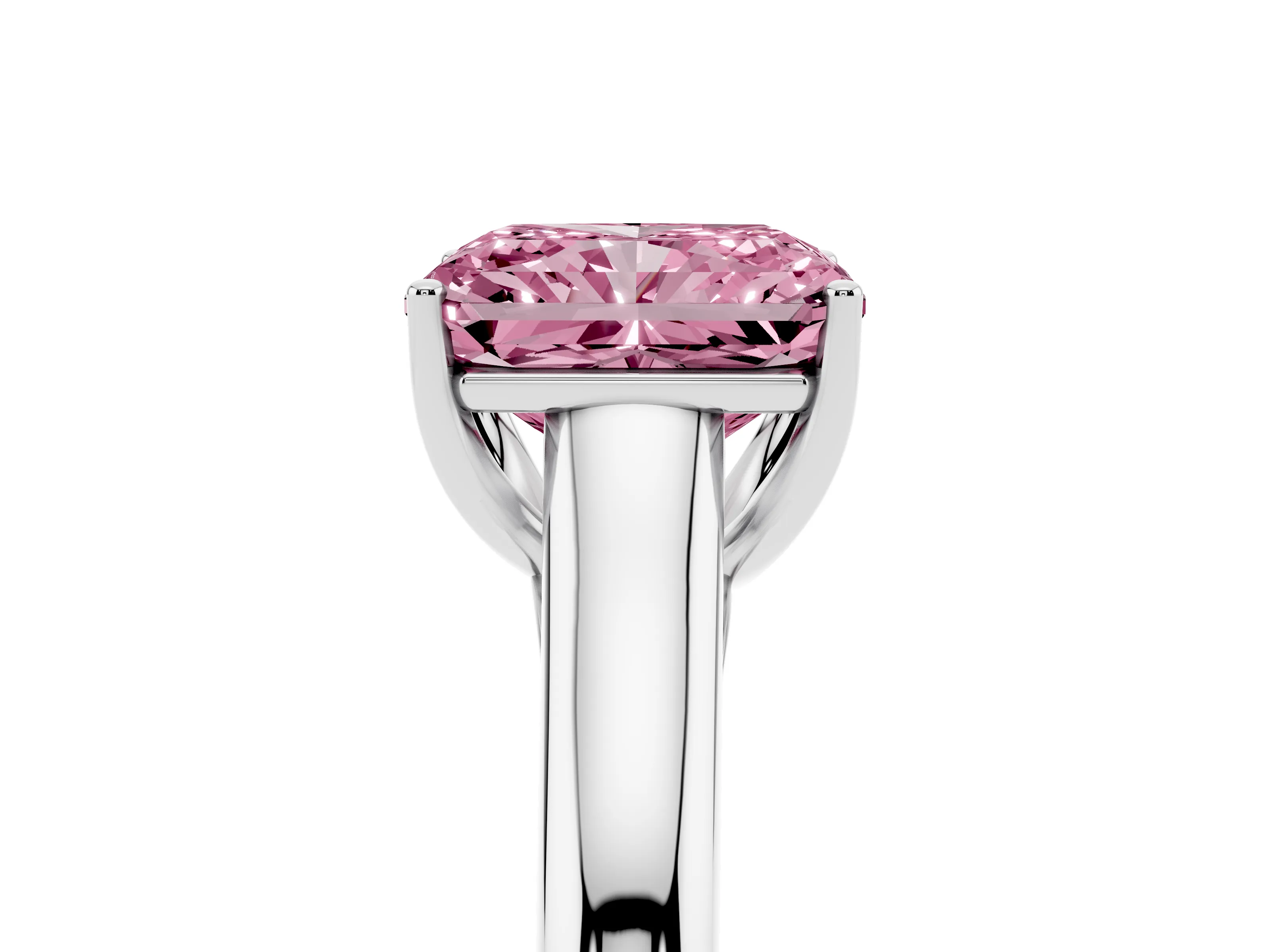 Fancy Pink Radiant Cut Diamond Solitaire Engagement Ring Set in White gold with Subtly Tapered Band and Prong Setting