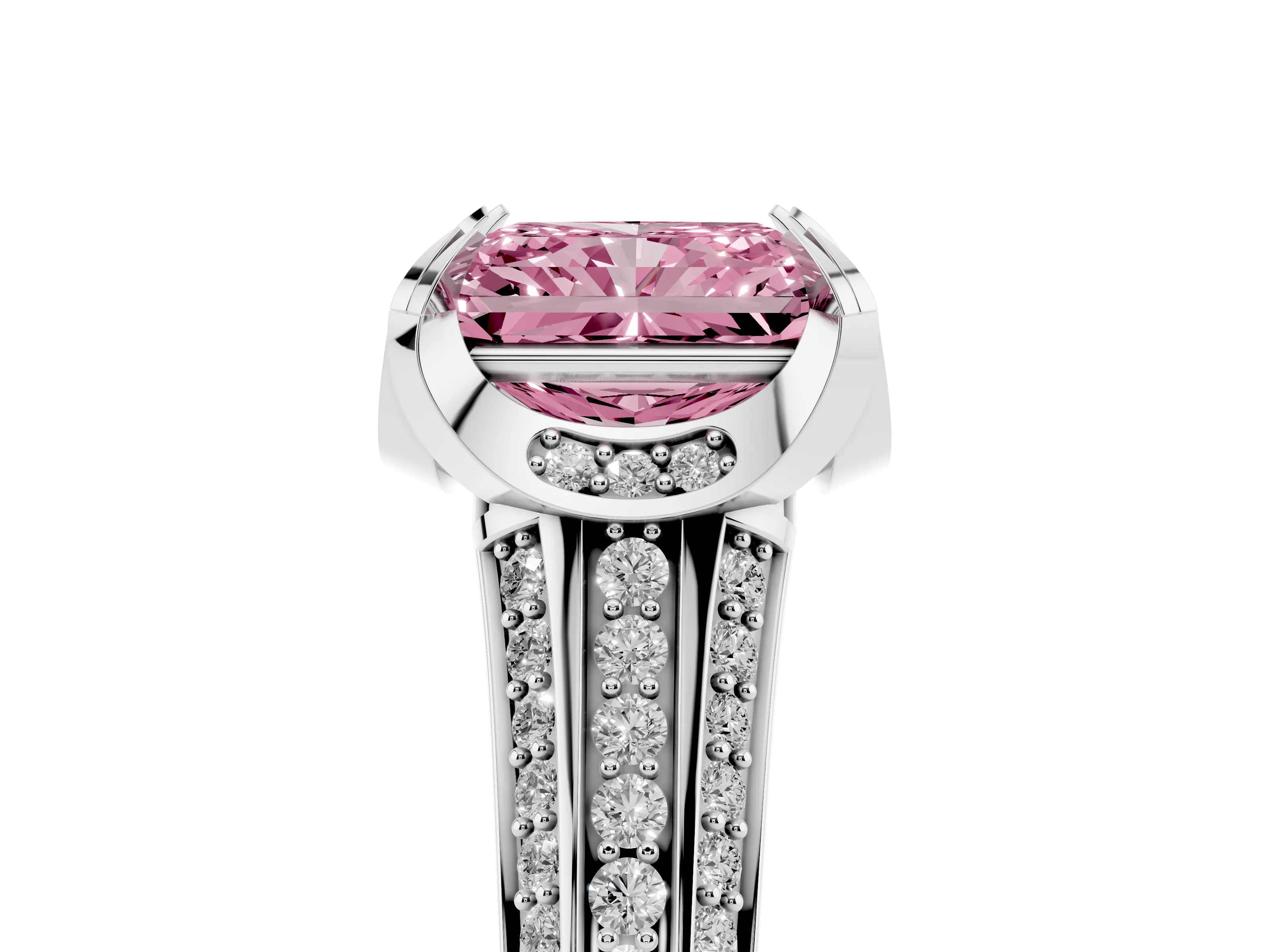 Fancy Pink Radiant Cut Diamond Pavé Split Shank Solitaire Ring Set in Silver with Prong Setting