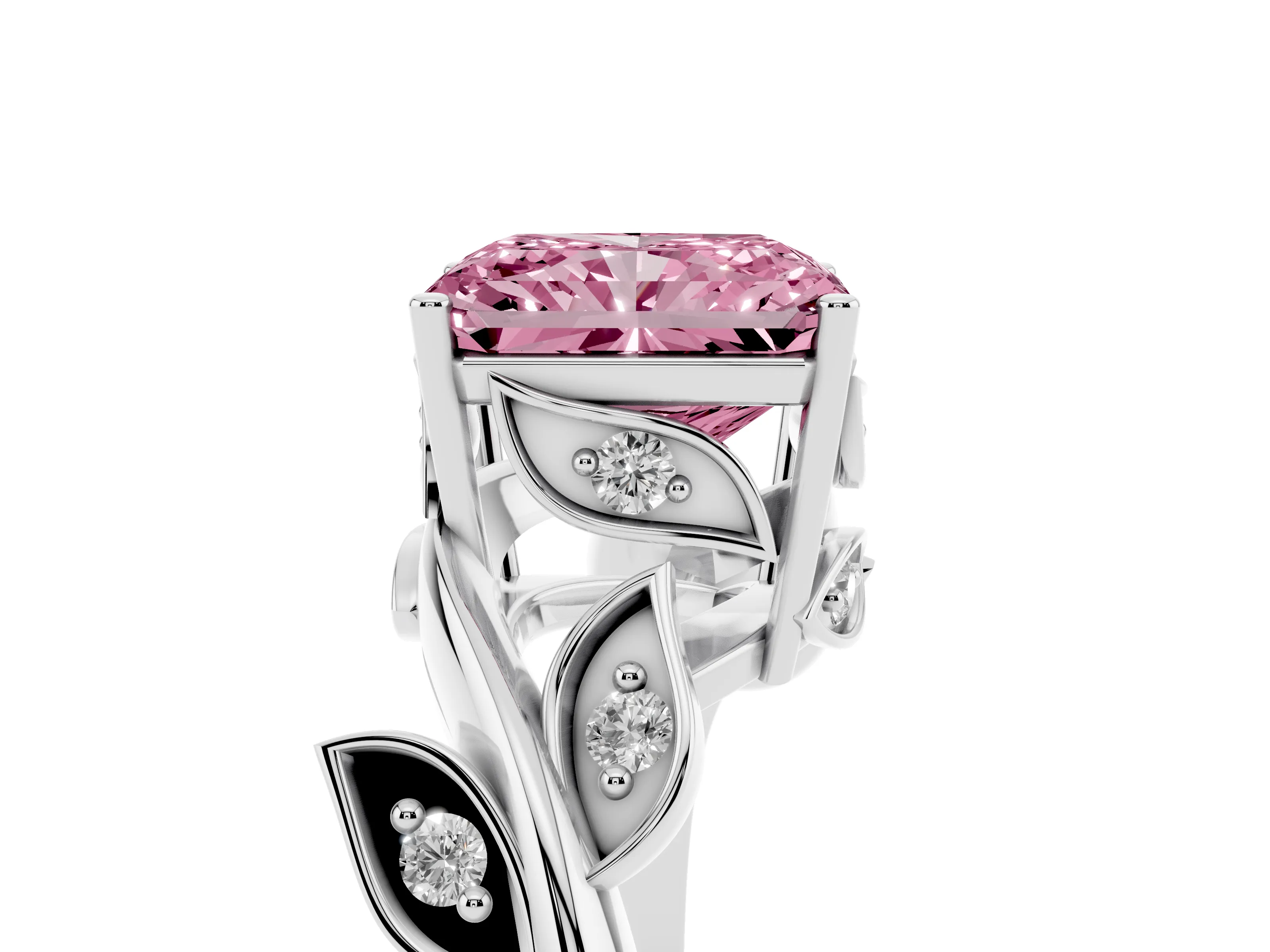 Fancy Pink Radiant Cut Diamond Solitaire Twist Engagement Ring Set in White gold with Pavé Leaf Accents