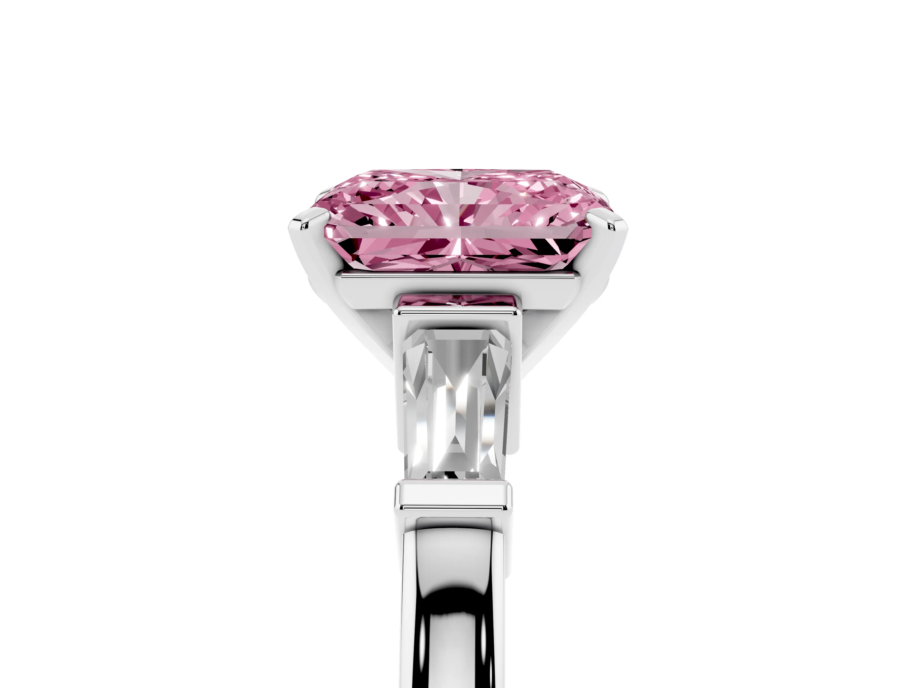 Fancy Pink Radiant Cut Diamond Solitaire Ring Set in Platinum with Tapered Baguette Accents and Prong Setting