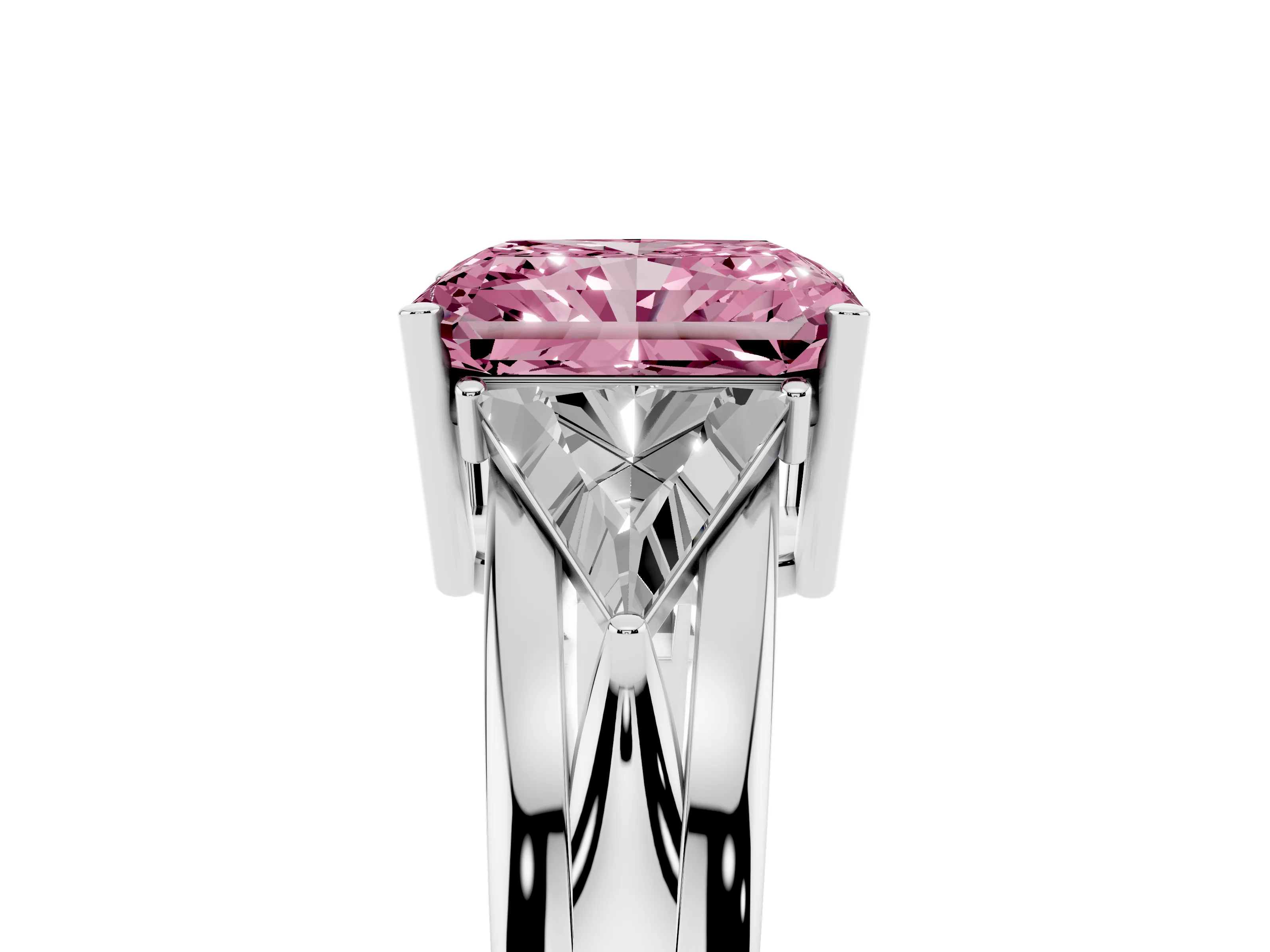 Fancy Pink Radiant Cut Diamond Three-Stone Ring Set in Silver with Trillion Side Stones and Split Shank