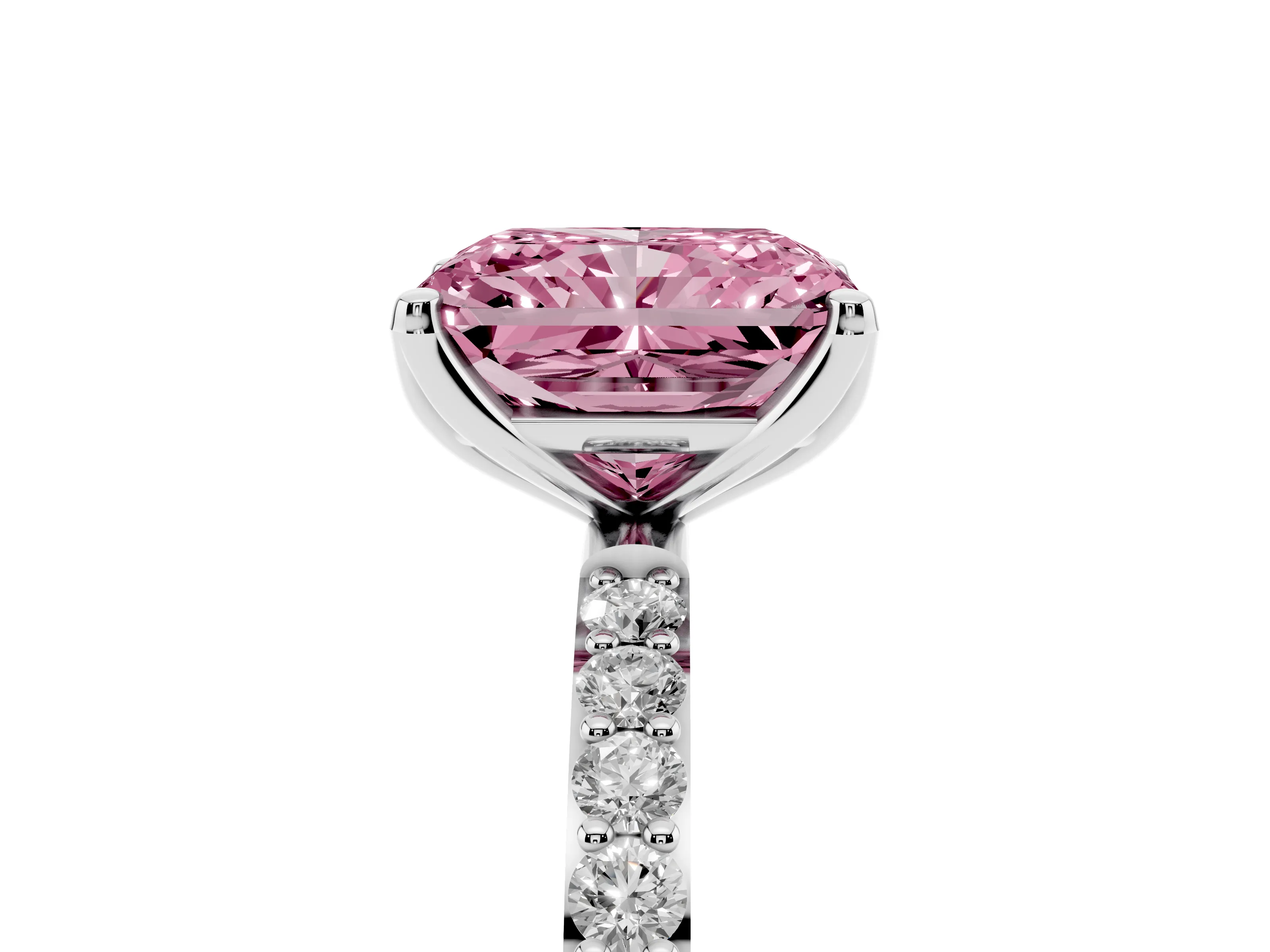 Fancy Pink Radiant Cut Diamond Solitaire Engagement Ring Set in Platinum with Round Pavé Band and Prong Setting