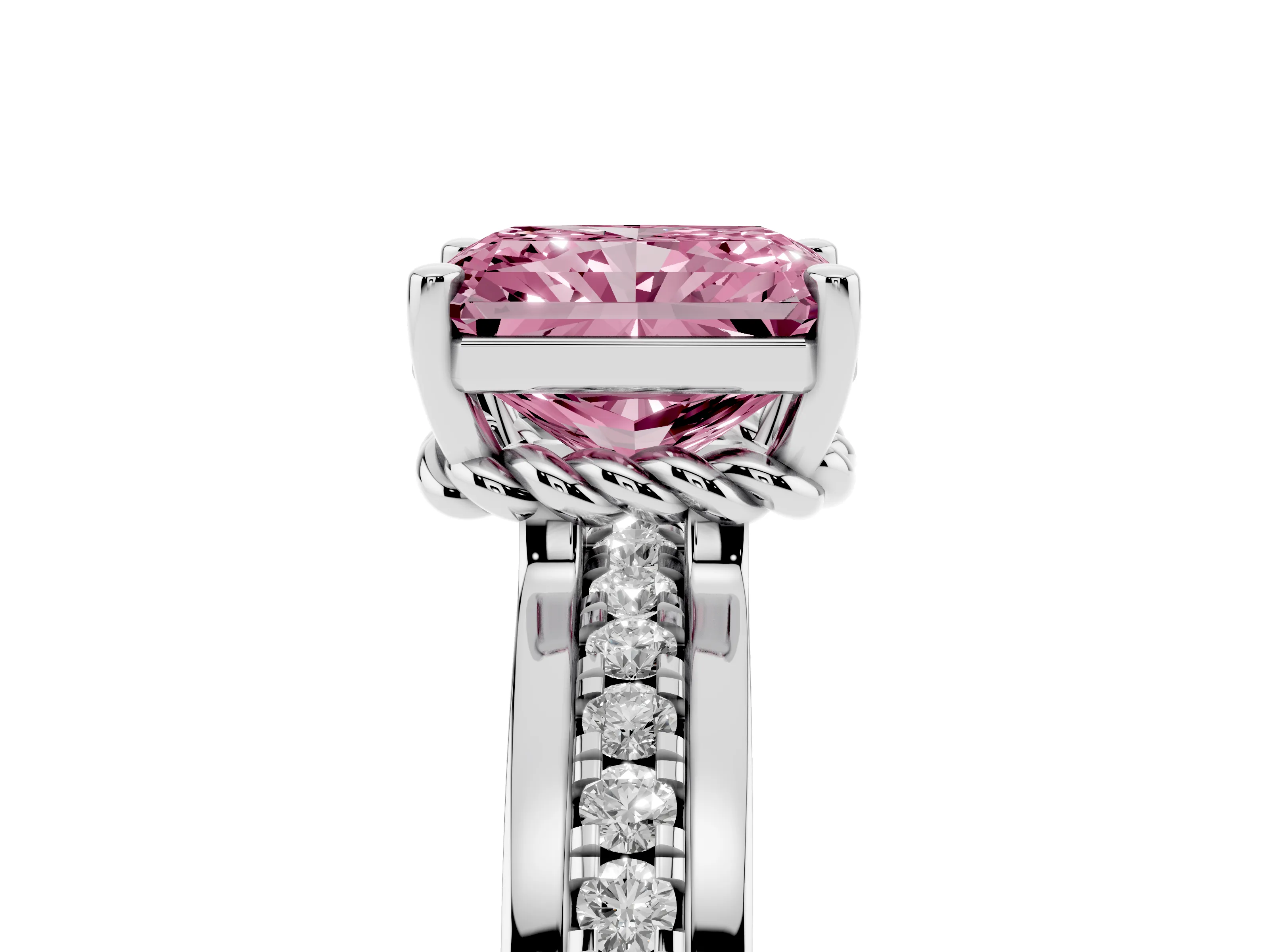 Fancy Pink Radiant Cut Diamond Solitaire Ring Set in White gold with Channel Set Band and Prong Setting