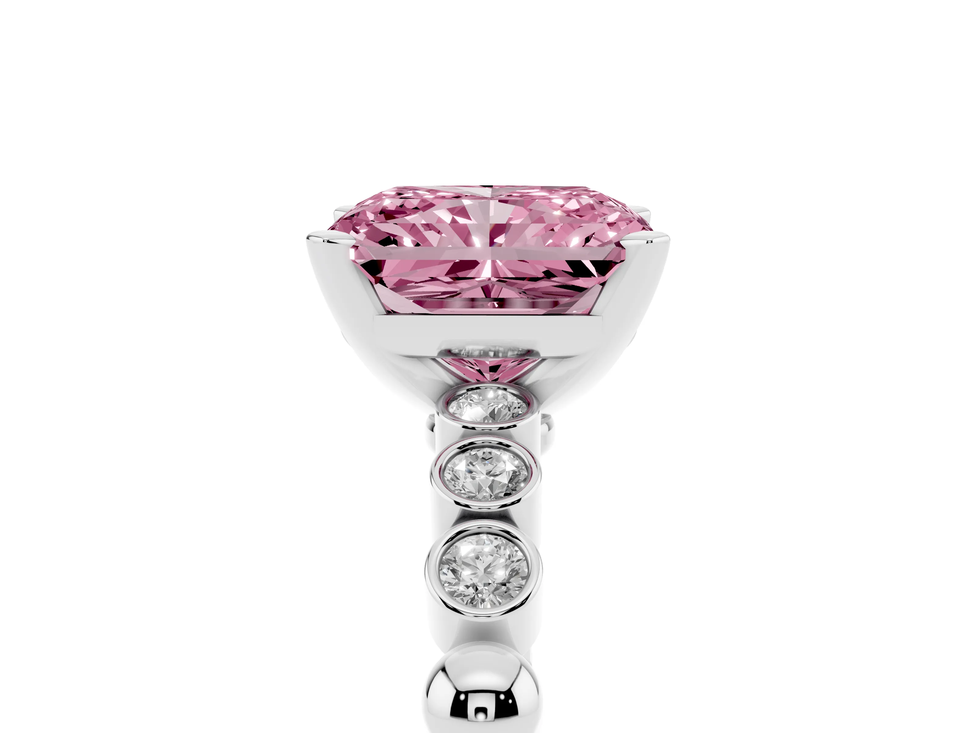 Fancy Pink Radiant Cut Diamond Solitaire Engagement Ring Set in White gold with Bezel Accents on Beaded Band