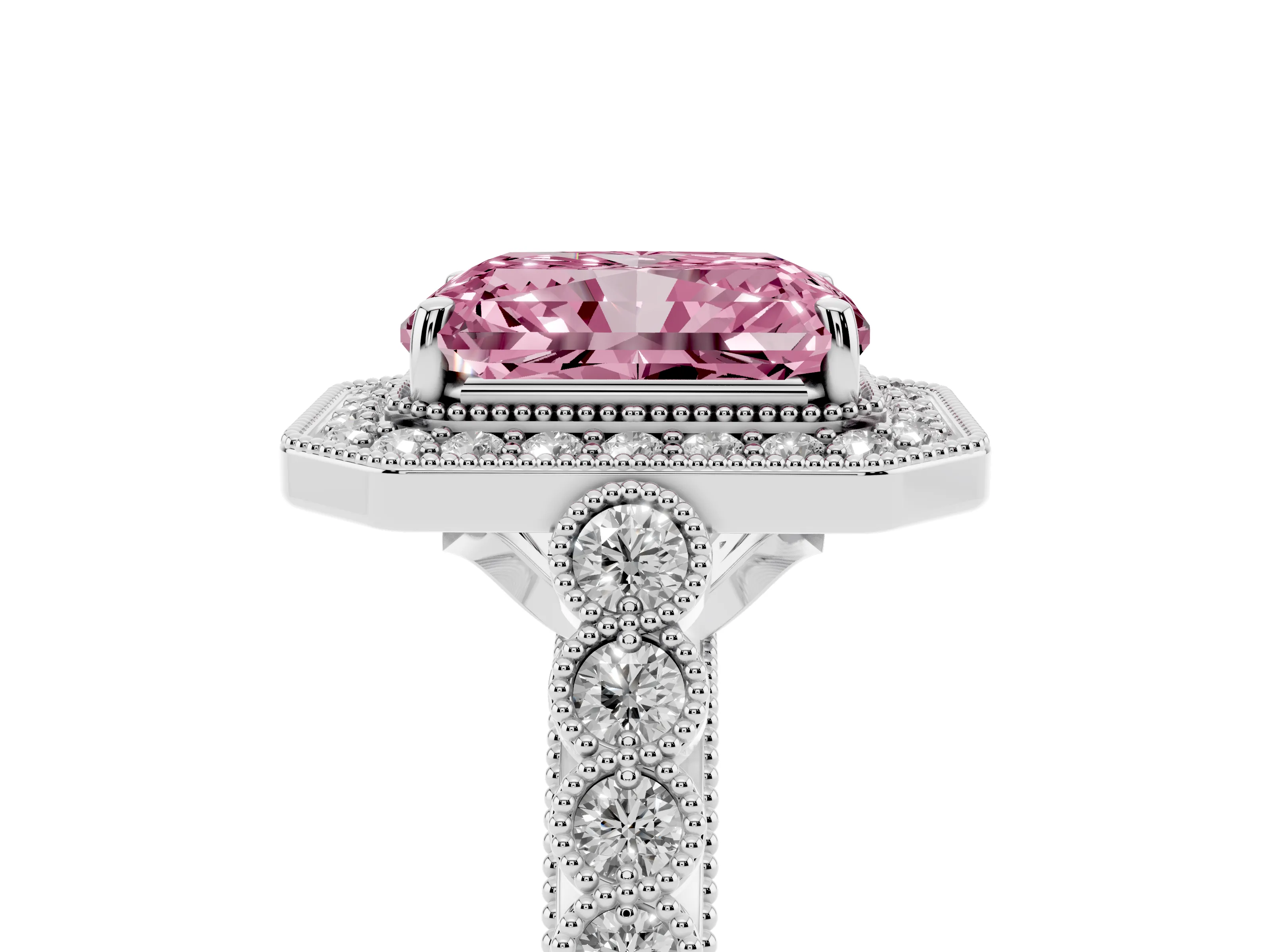 Fancy Pink Radiant Cut Diamond Milgrain Halo Solitaire Ring Set in White gold with Bezel Set Side Stones and Pavé Band