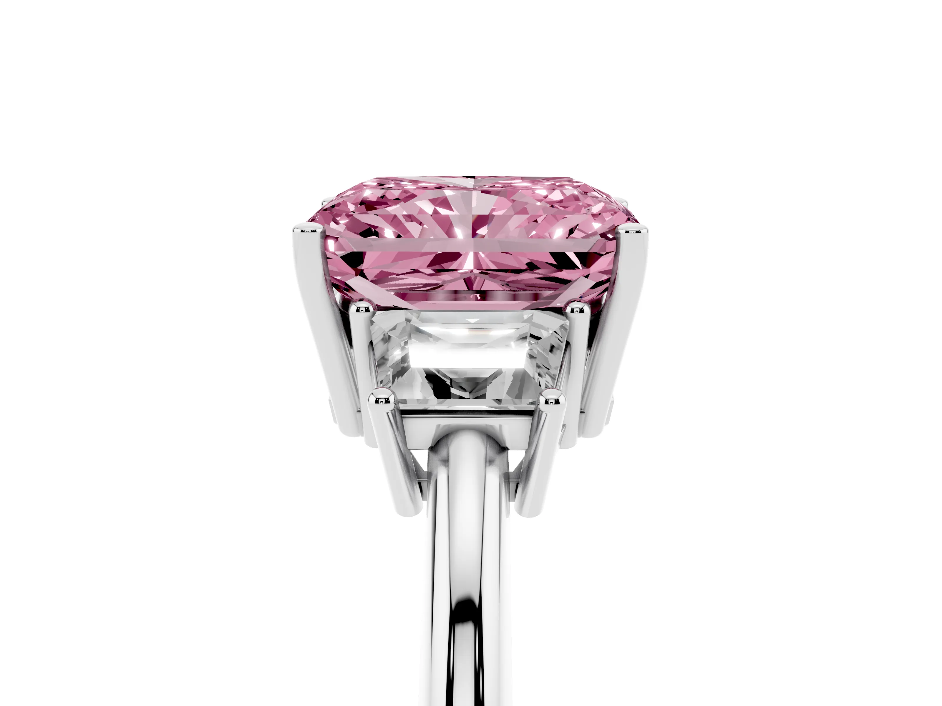 Fancy Pink Radiant Cut Diamond Three-Stone Ring Set in Silver with Trapezoid Side Stones and Prong Setting