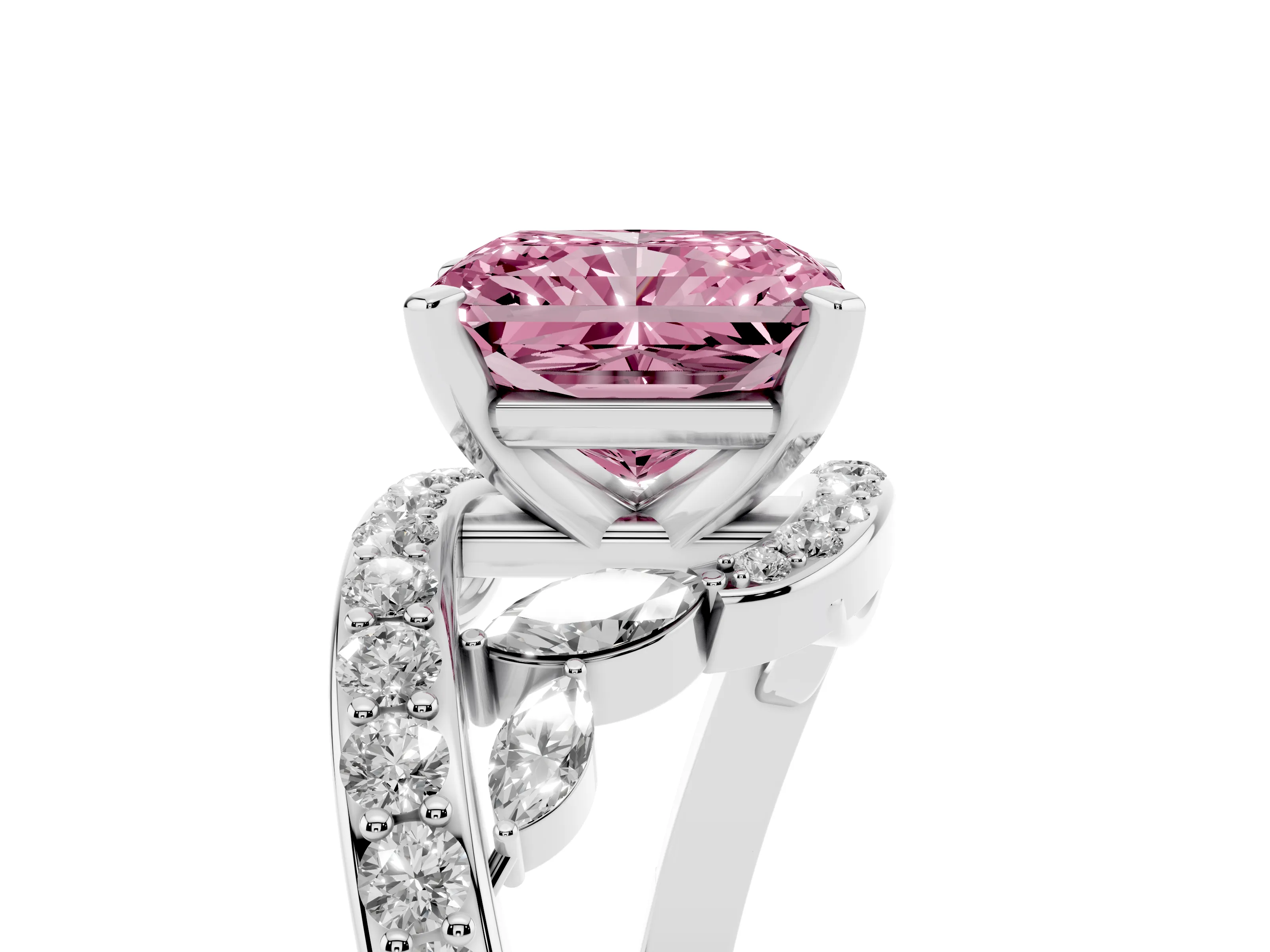 Fancy Pink Radiant Cut Diamond Solitaire Ring Set in White gold with Pavé Twist Band and Secure Prong Setting