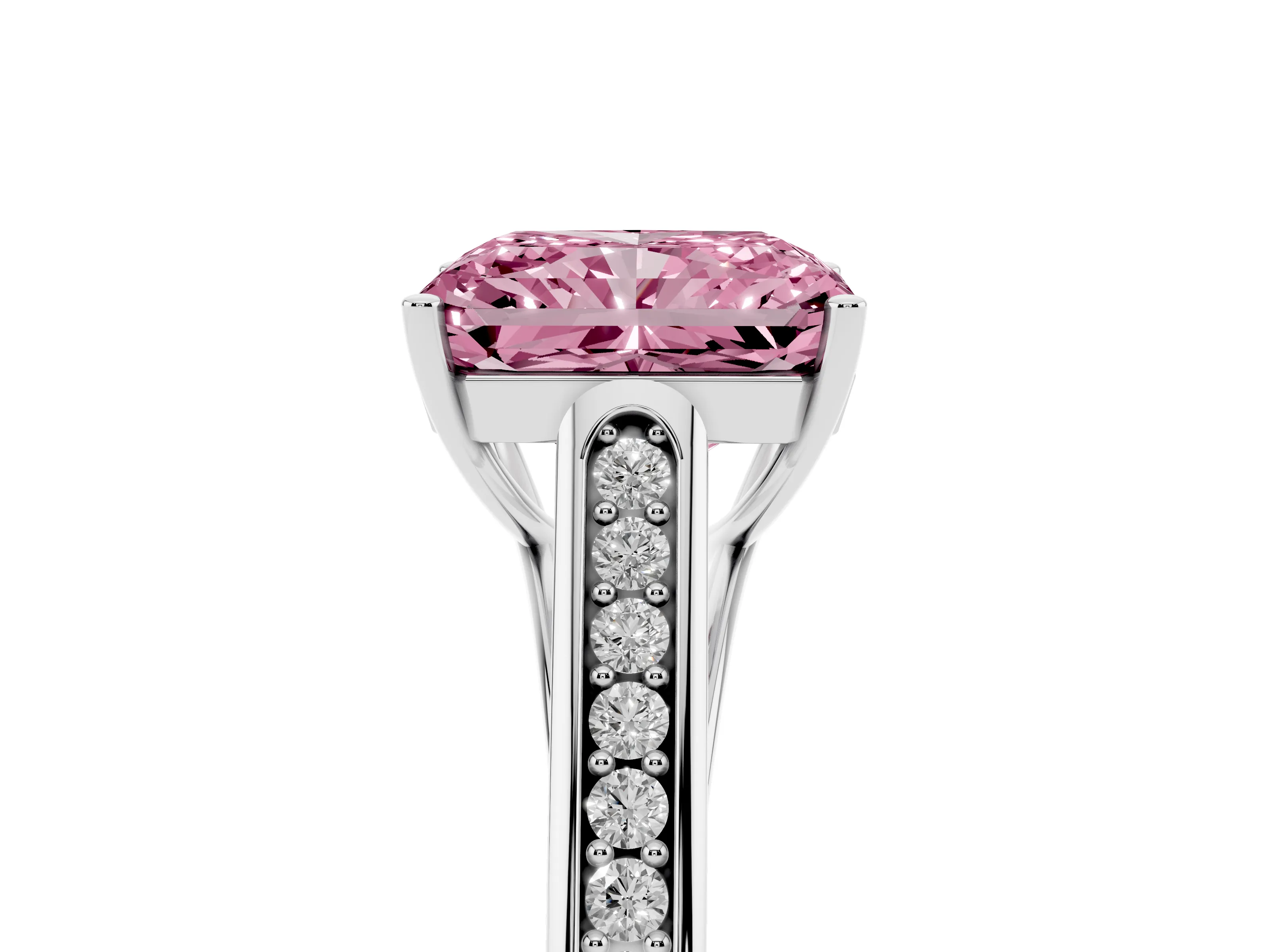 Fancy Pink Radiant Cut Diamond Solitaire Cathedral Engagement Ring Set in Platinum with Channel-Set Band and Prong Setting