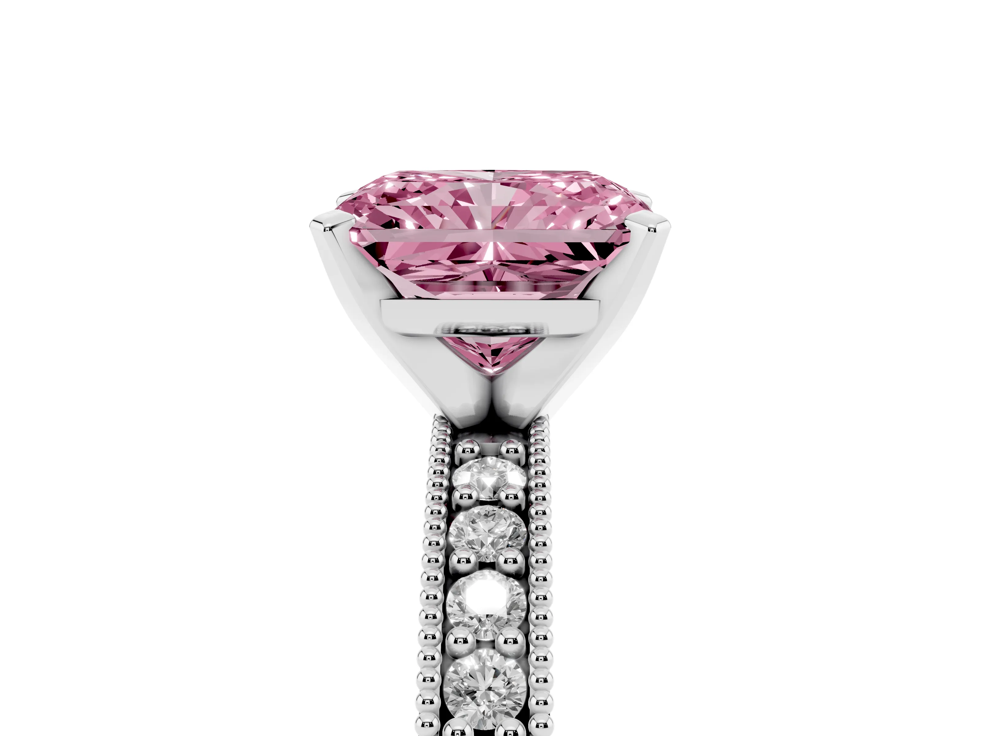 Fancy Pink Radiant Cut Diamond Milgrain Pavé Engagement Ring Set in Silver with Prong Setting