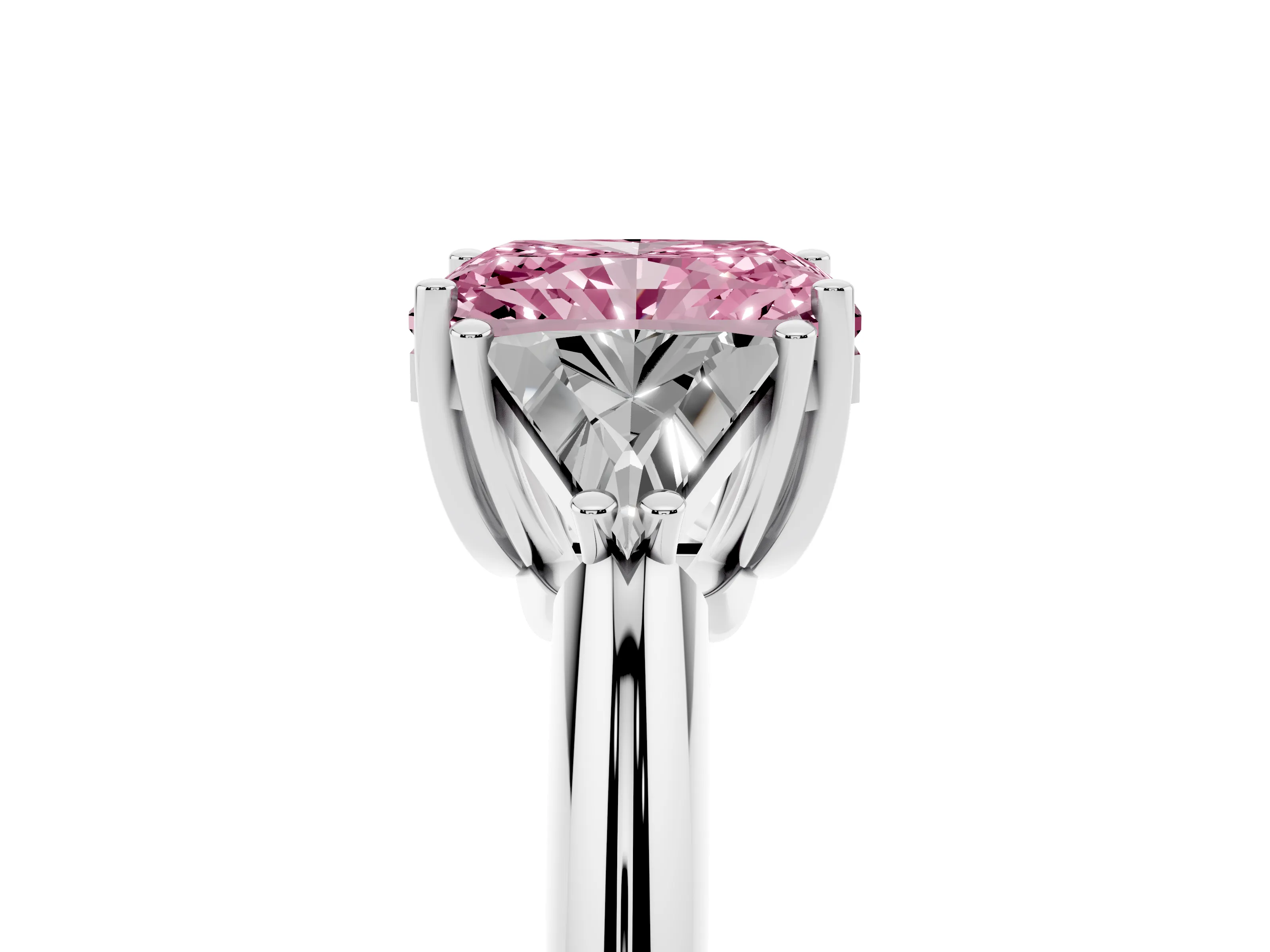 Fancy Pink Radiant Cut Diamond Three-Stone Engagement Ring Set in Platinum with Trillion Side Stones