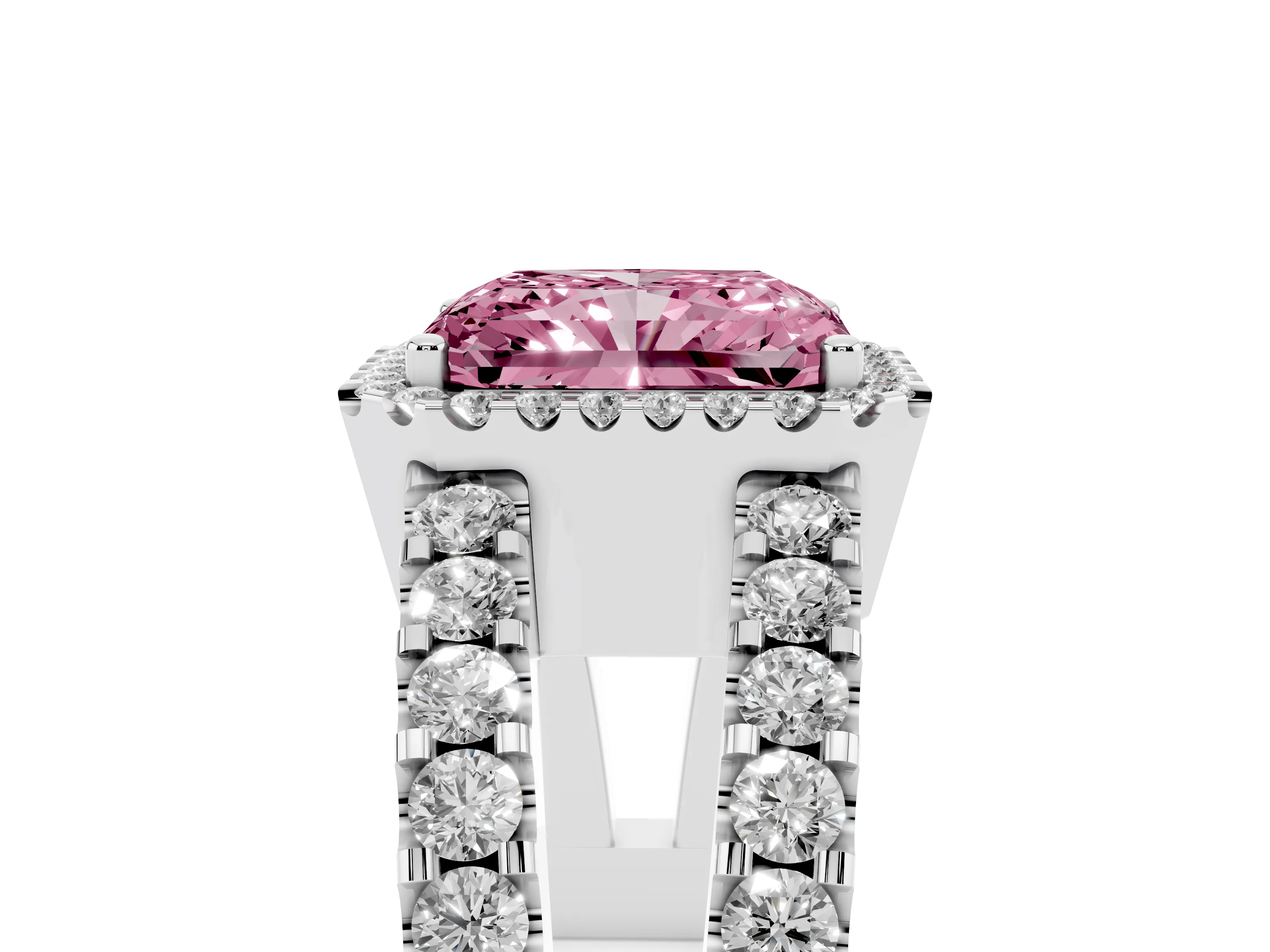 Fancy Pink Radiant Cut Diamond Halo Ring Set in Silver with Pavé Split Shank and Prong Setting