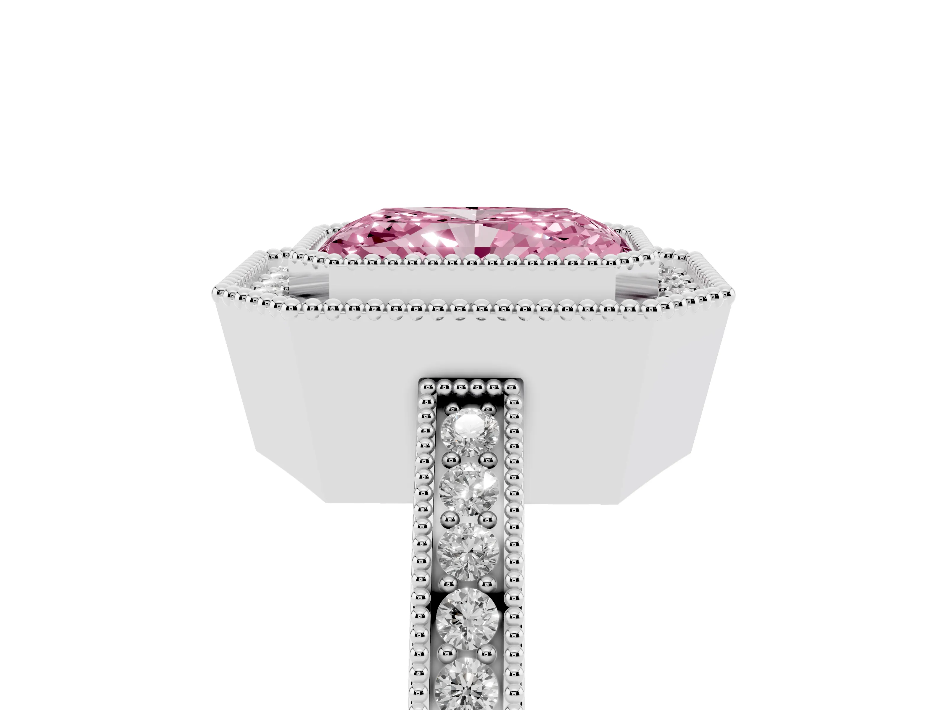 Fancy Pink Radiant Cut Diamond Halo Ring Set in White gold with Pavé Band and Milgrain-Edged Prongs