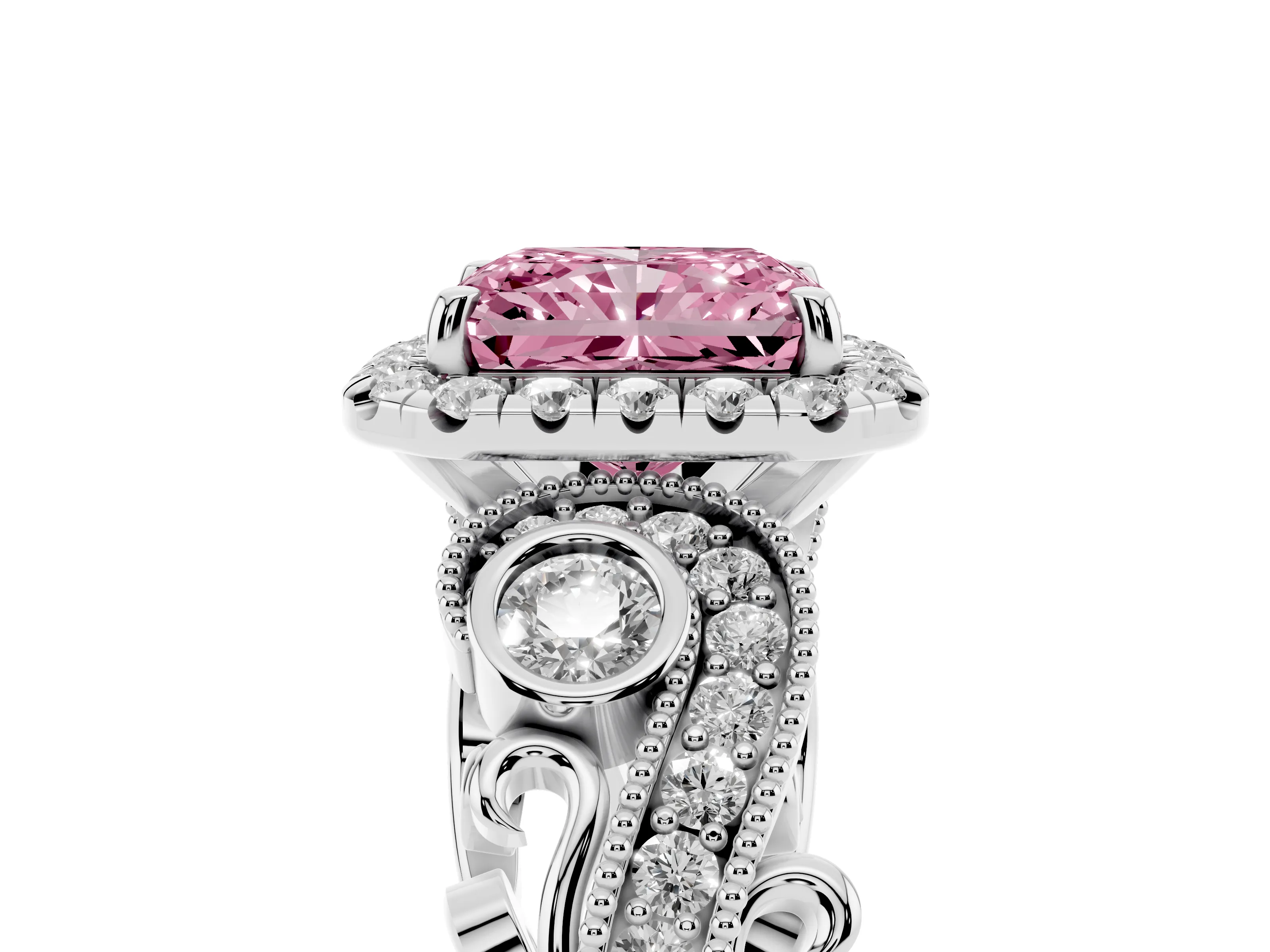 Fancy Pink Radiant Cut Diamond Halo Ring Set in Platinum with Milgrain Pavé Band and Prong Setting