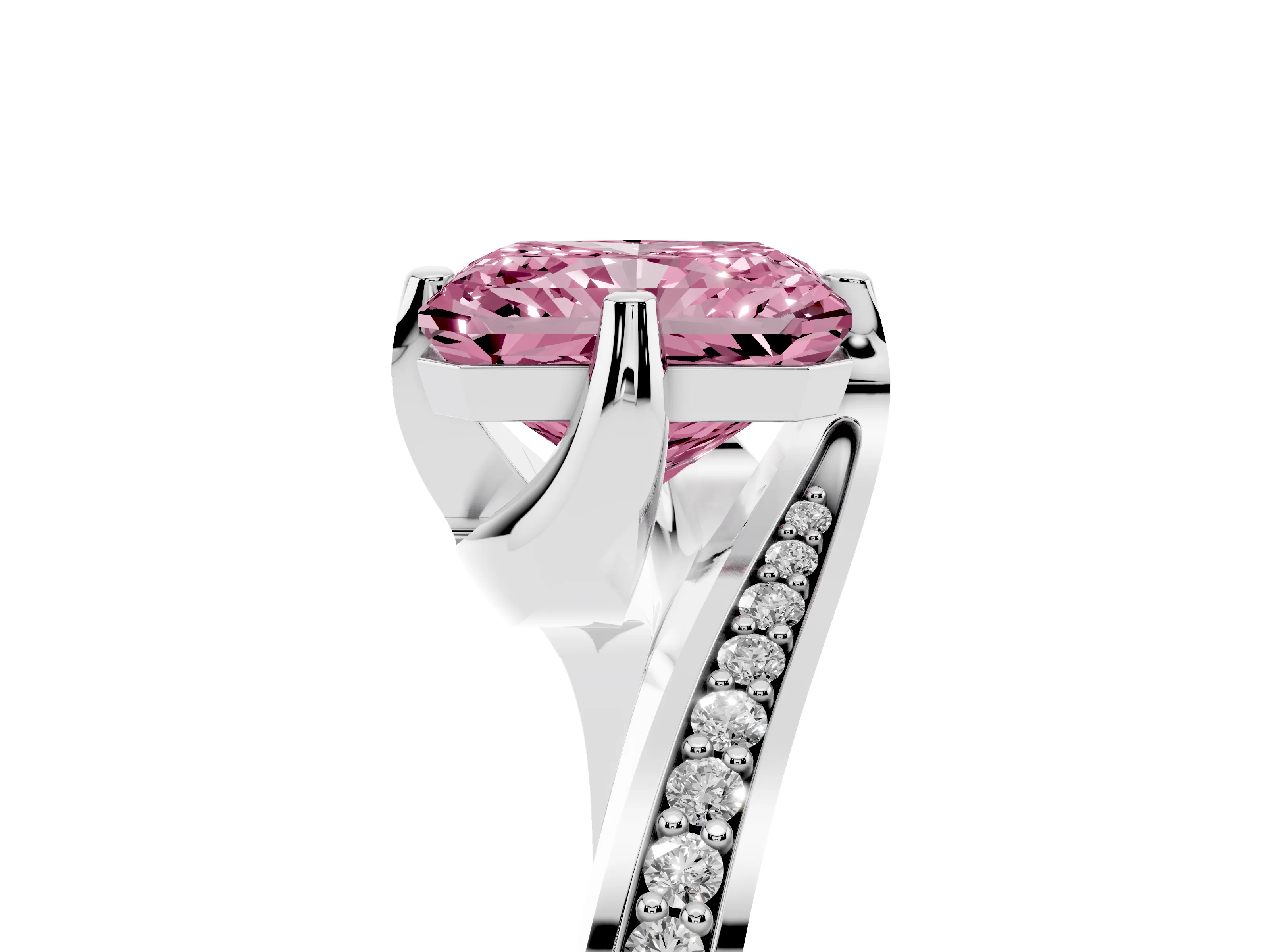 Fancy Pink Radiant Cut Diamond Solitaire Ring Set in White gold with Intertwined Pavé Twist Band