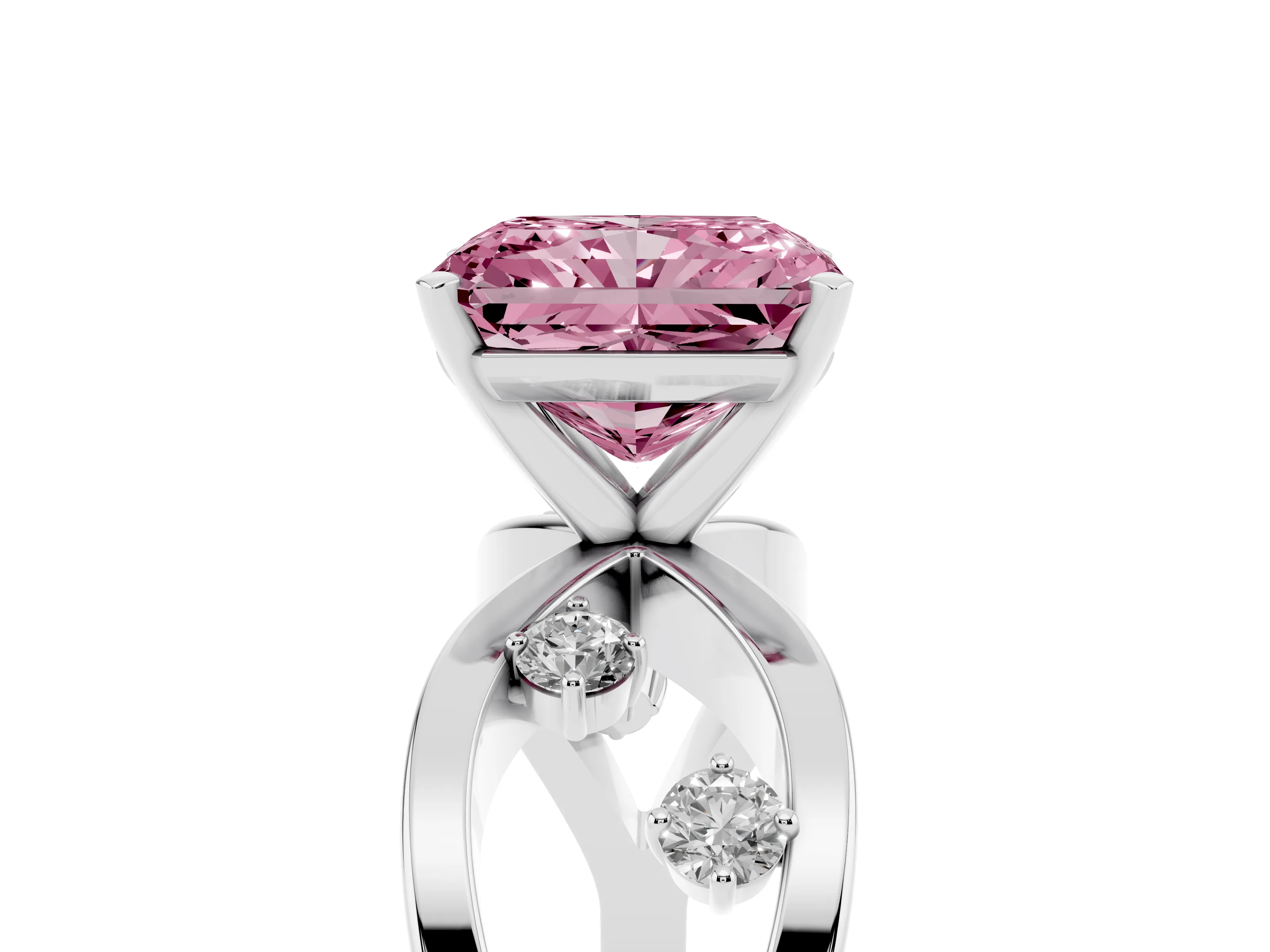 Fancy Pink Radiant Cut Diamond Solitaire Ring Set in Platinum with Side Stones on Criss-Cross Band and Prong Setting