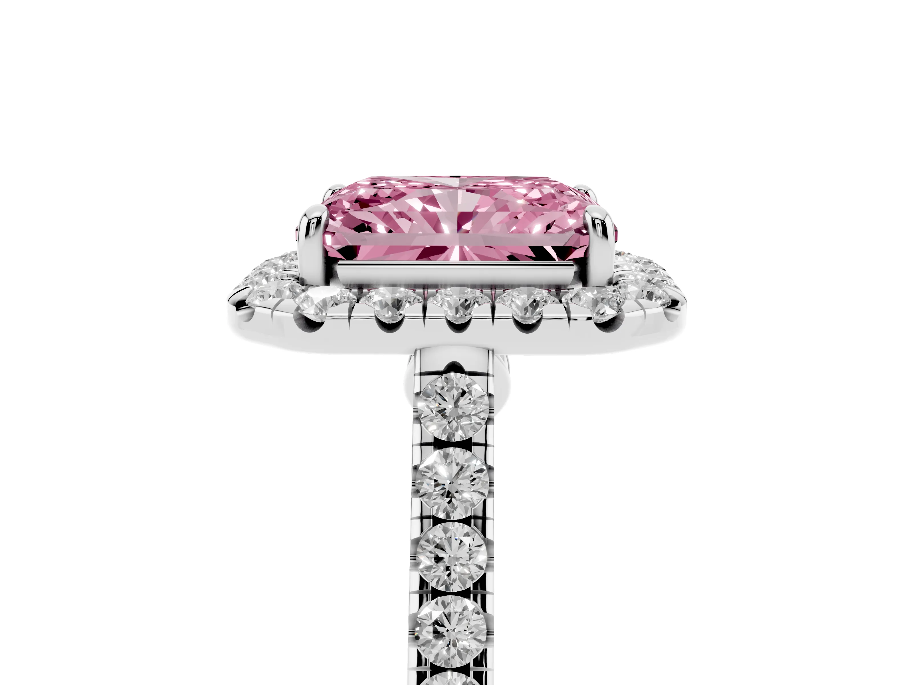 Fancy Pink Radiant Cut Diamond Halo Pavé Engagement Ring Set in Silver with Prong Setting