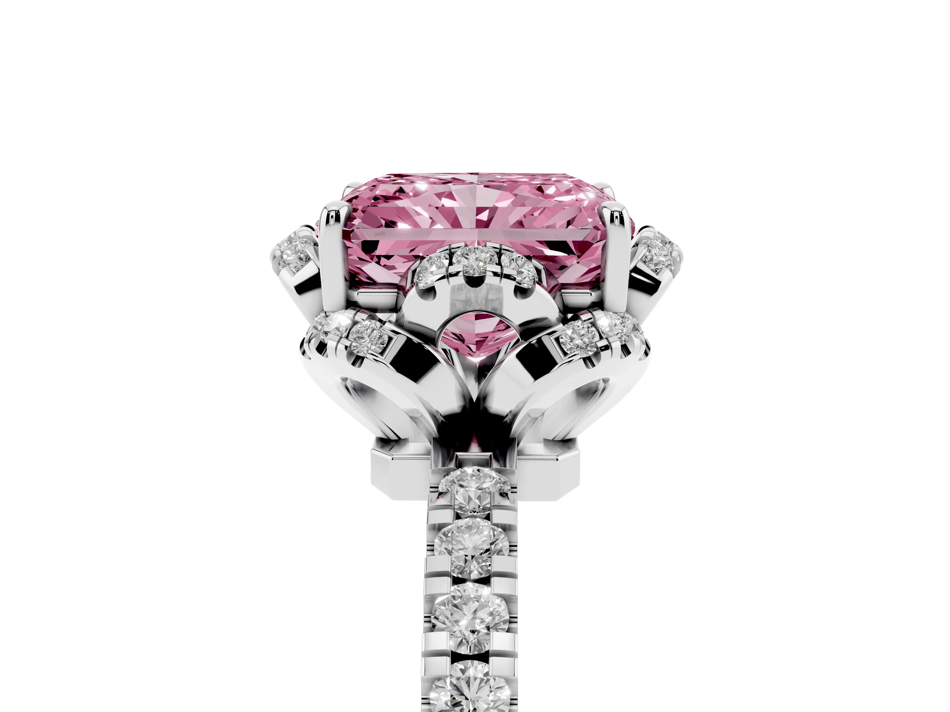Fancy Pink Radiant Cut Diamond Halo Pavé Band Ring Set in White gold with Prong-Held Center