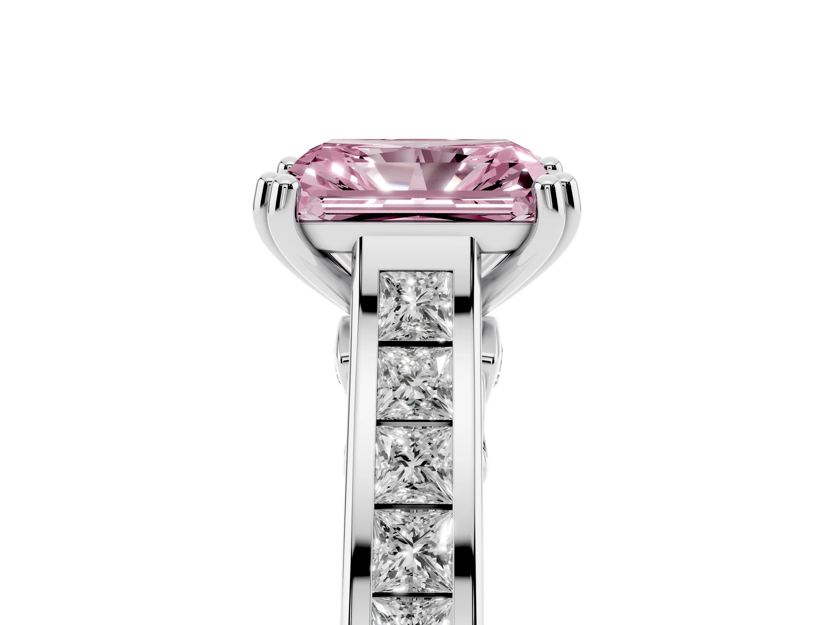 Fancy Pink Radiant Cut Diamond Channel Set Solitaire Engagement Ring Set in Platinum with Prong Setting