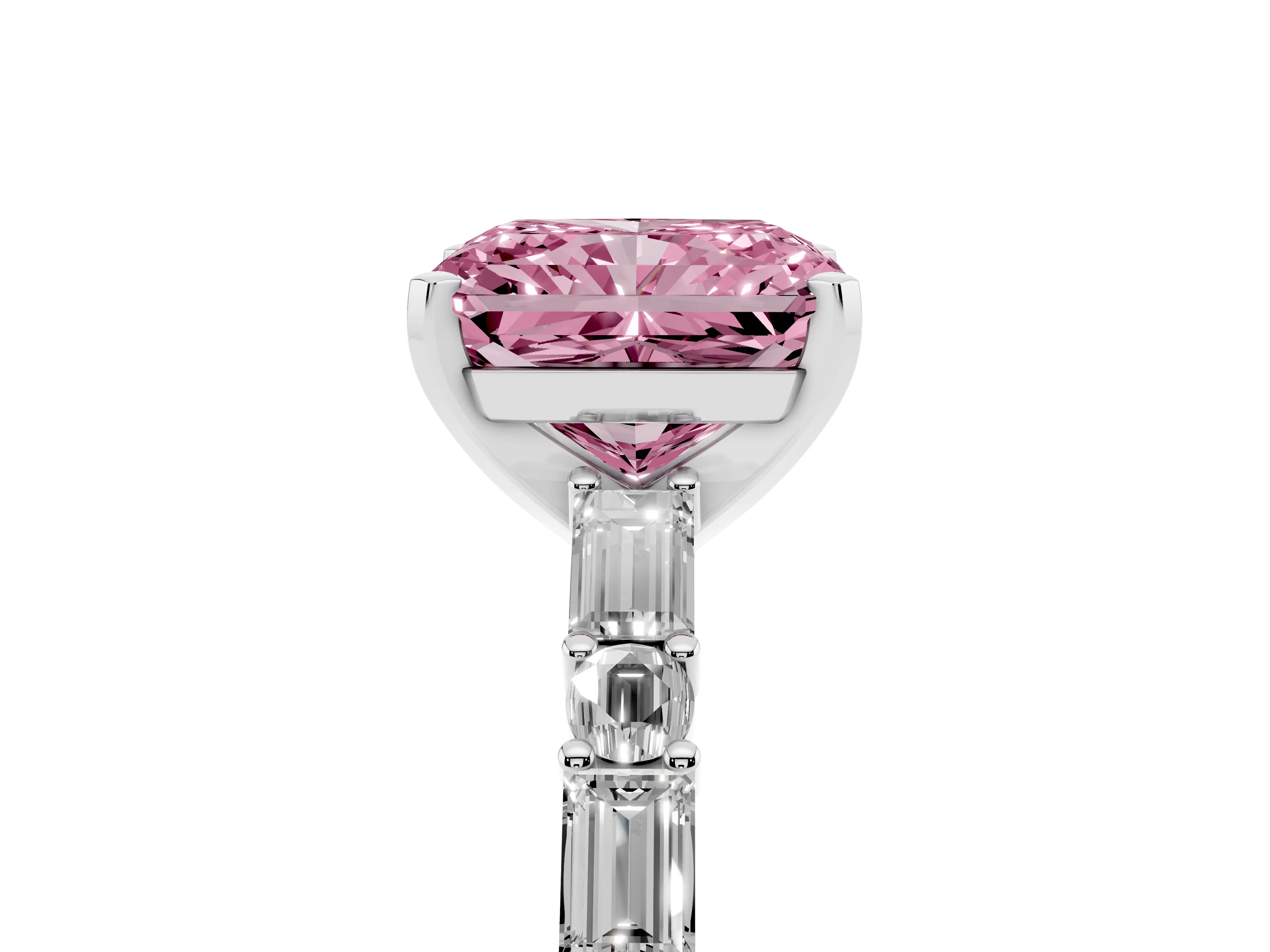 Fancy Pink Radiant Cut Diamond Solitaire Set in Platinum with Side Baguettes and Channel Set Band