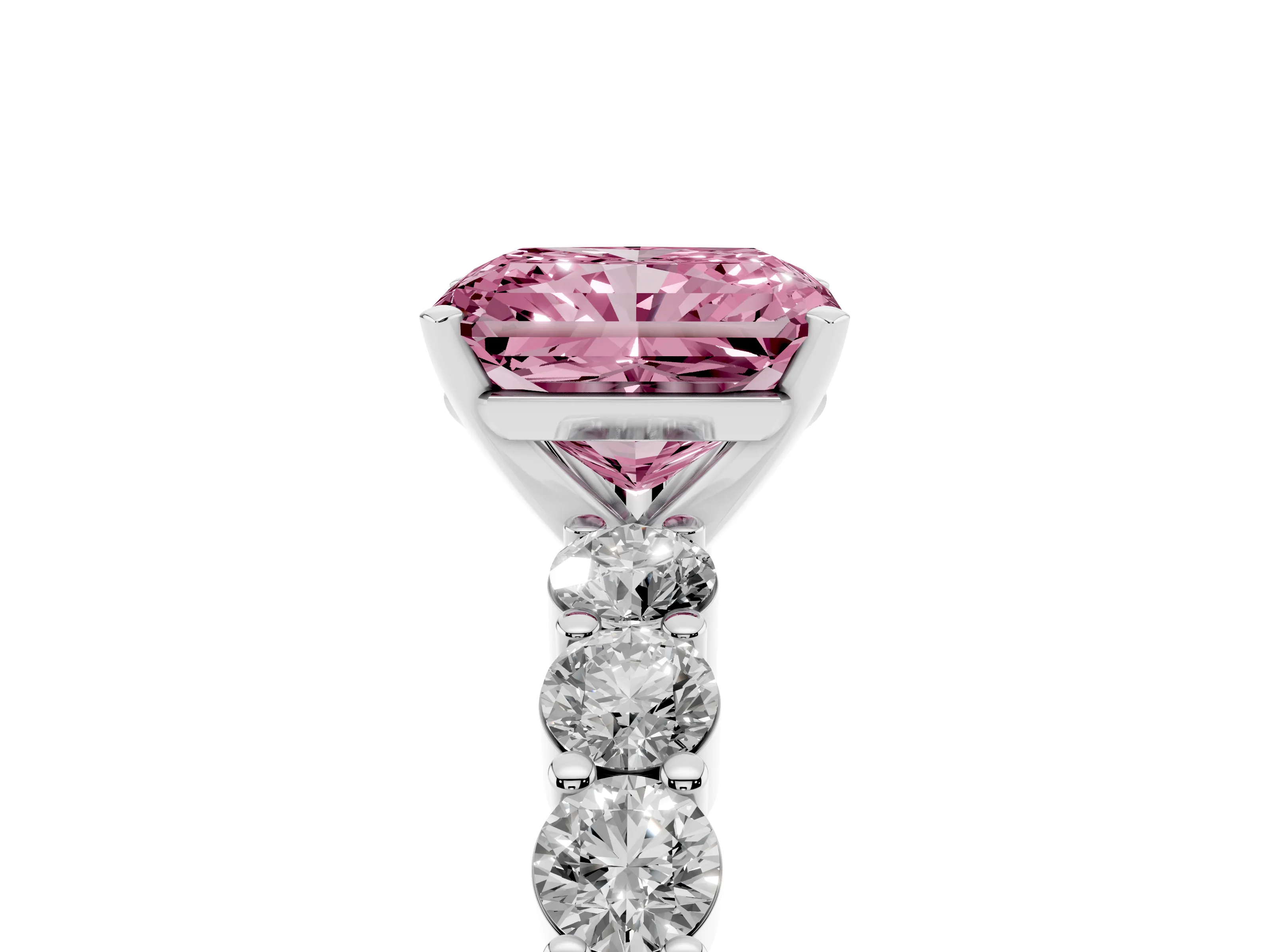 Fancy Pink Radiant Cut Diamond Solitaire Ring Set in Silver with Shared Prong Round Side Stones