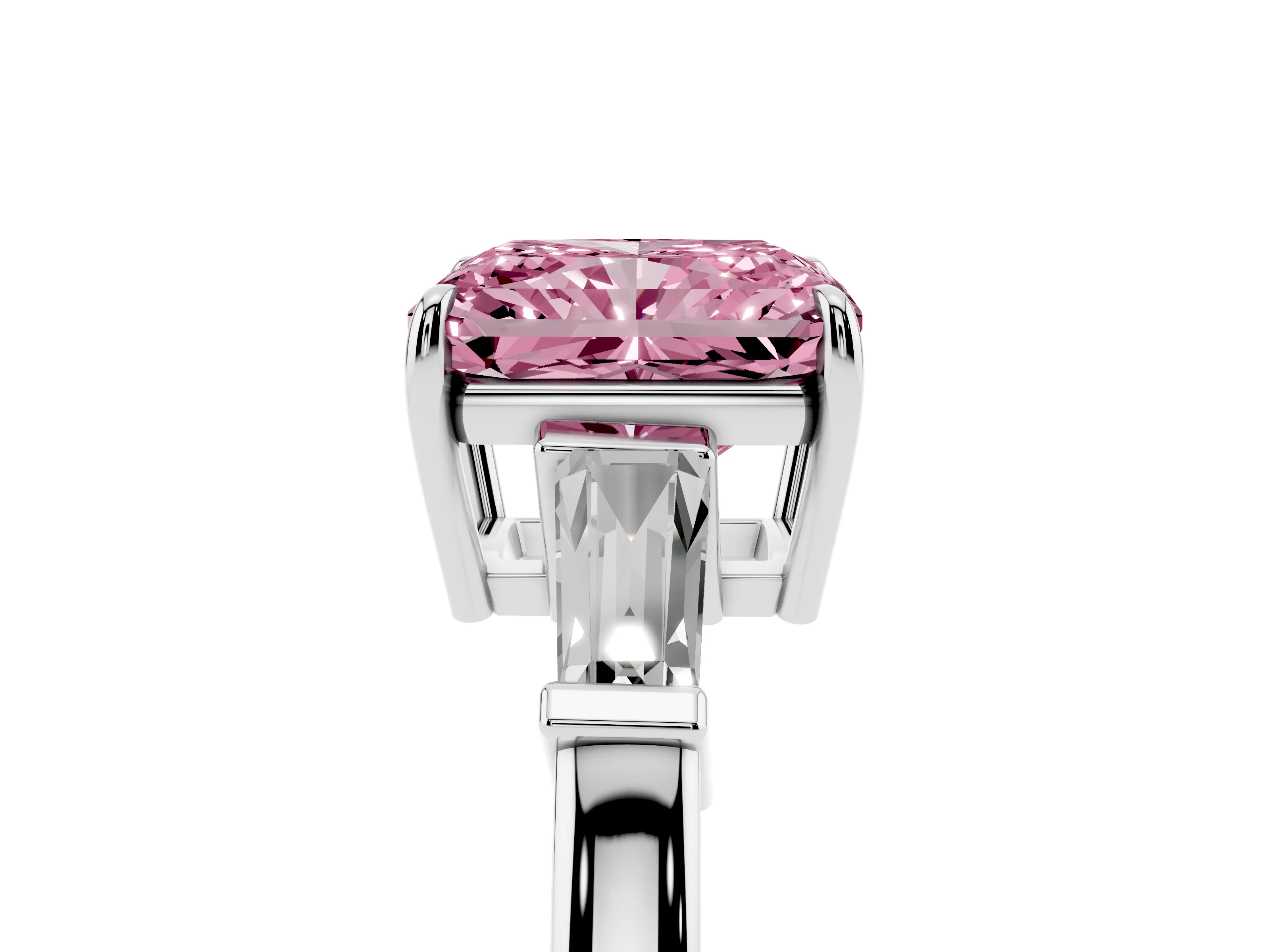 Fancy Pink Radiant Cut Diamond Three-Stone Ring Set in White gold with Tapered Baguette Side Stones and Prong Setting