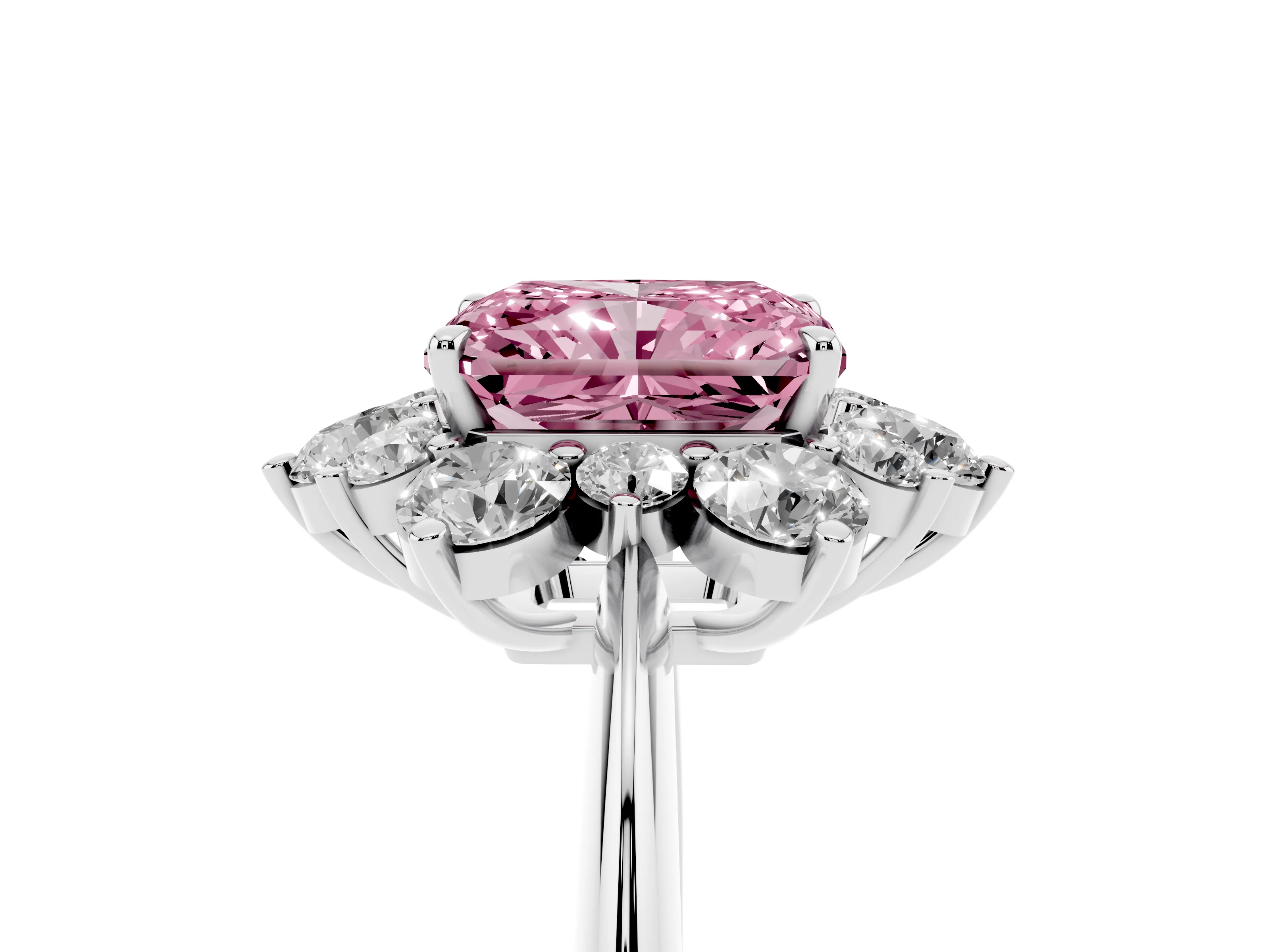 Fancy Pink Radiant Cut Diamond Cluster Halo Ring Set in Silver with Solitaire Band and Prong Setting