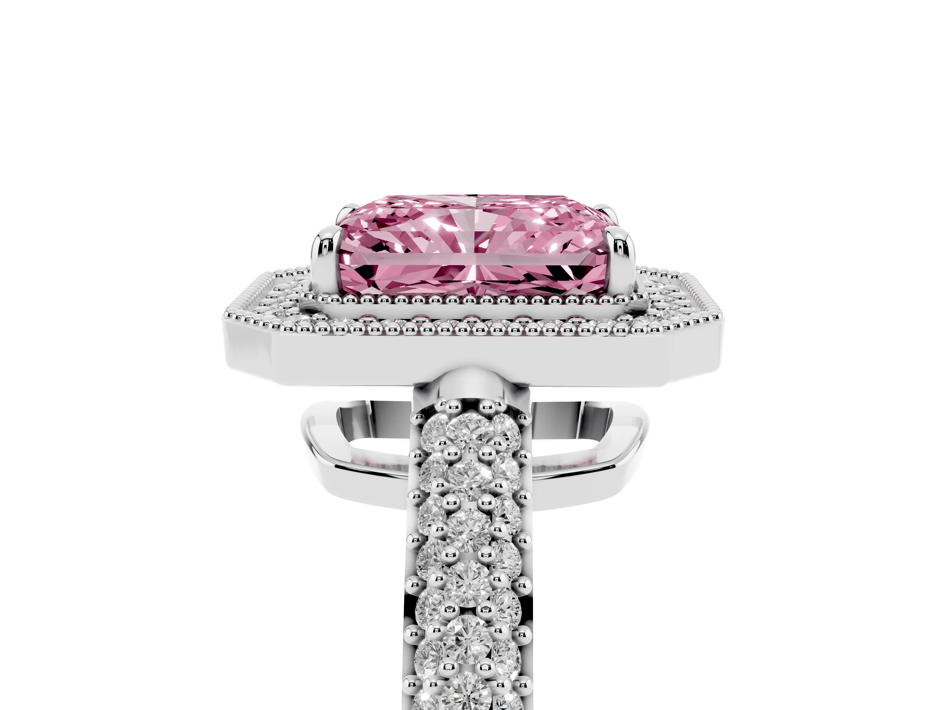 Fancy Pink Radiant Cut Diamond Halo Pavé Band Set in White gold with Prong Setting