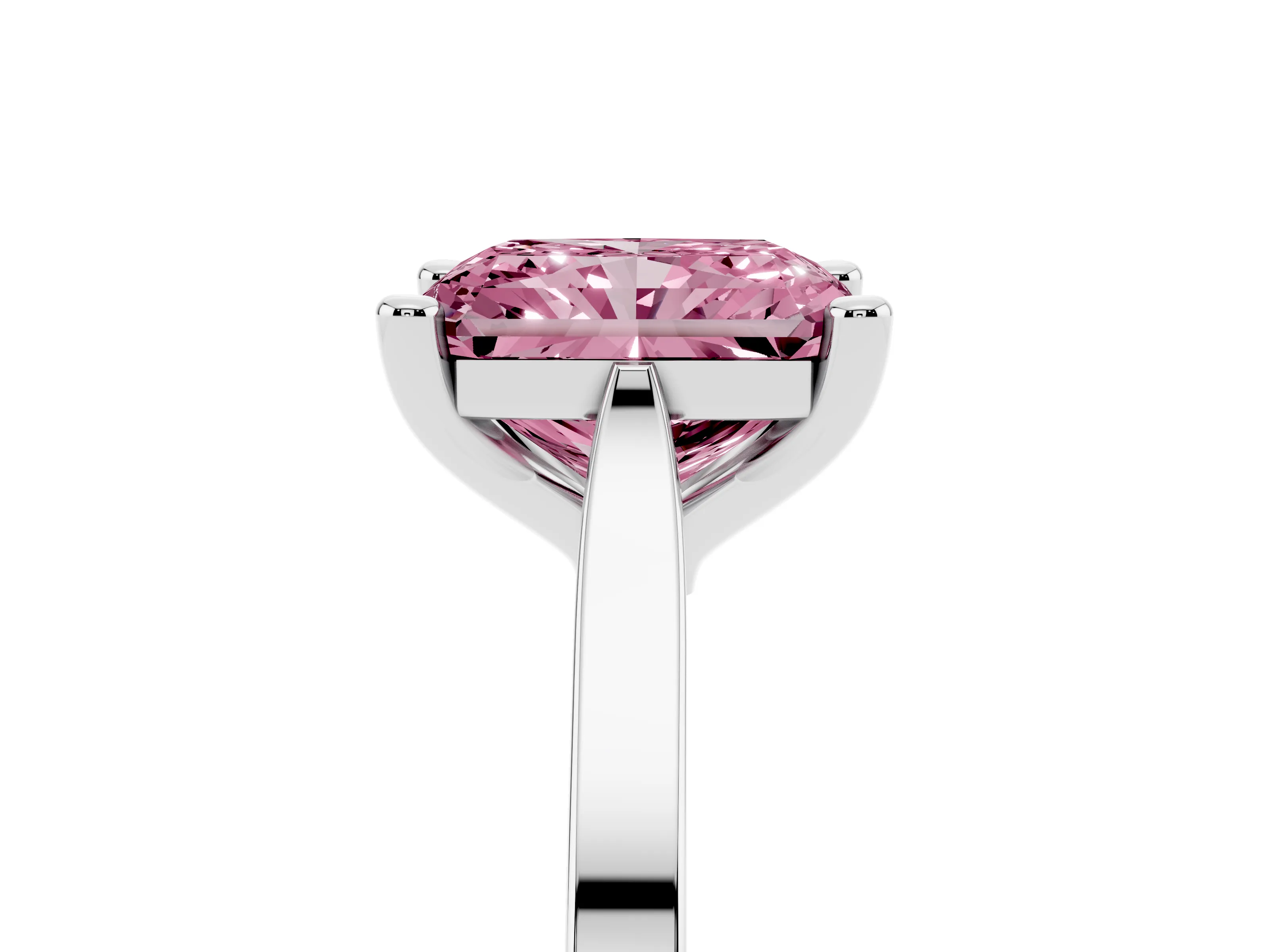 Fancy Pink Radiant Cut Diamond Solitaire Ring Set in Silver with Prong Setting and Tapered Band