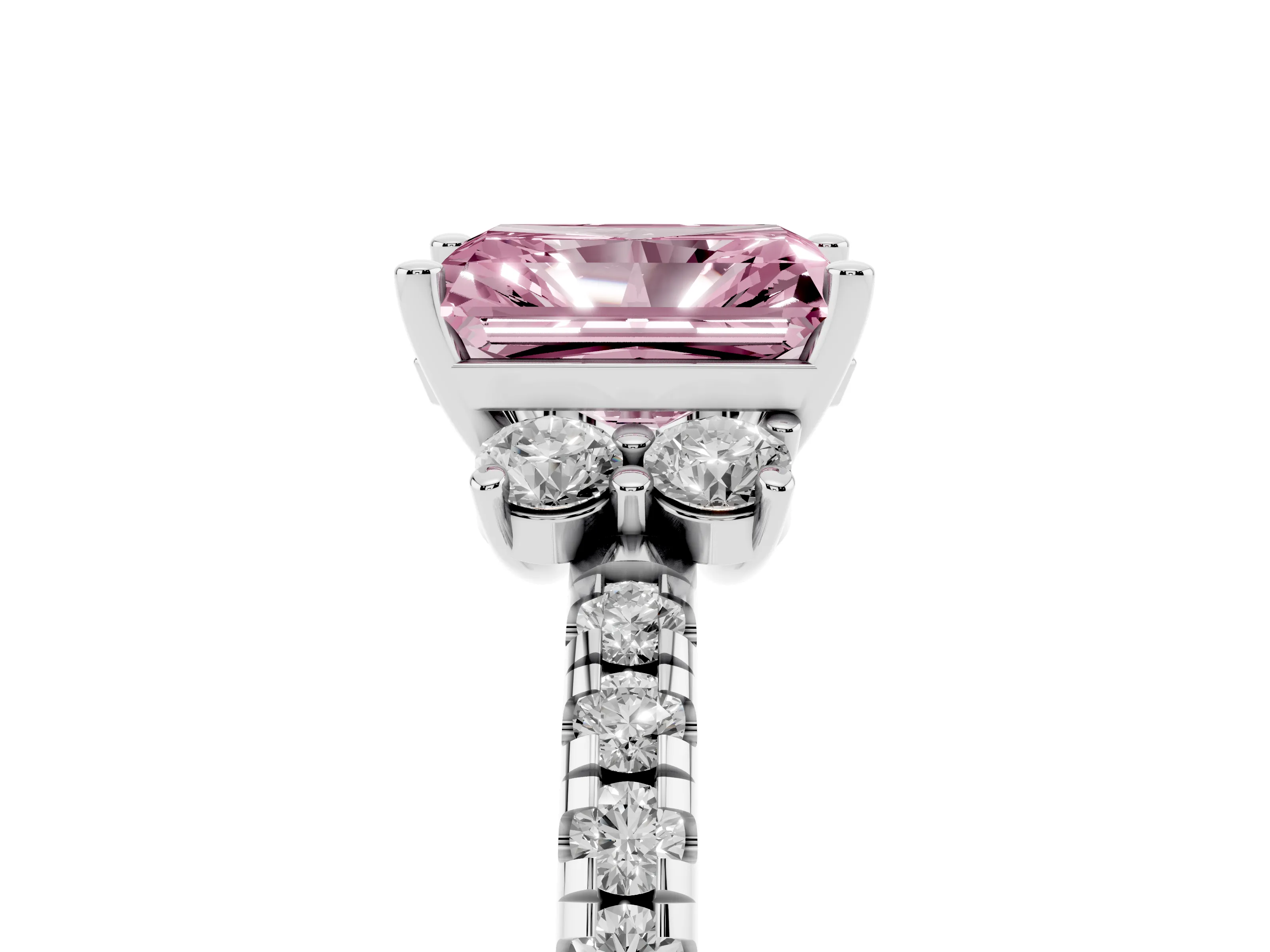 Fancy Pink Radiant Cut Diamond Three-Stone Pavé Ring Set in Silver with Prong Setting