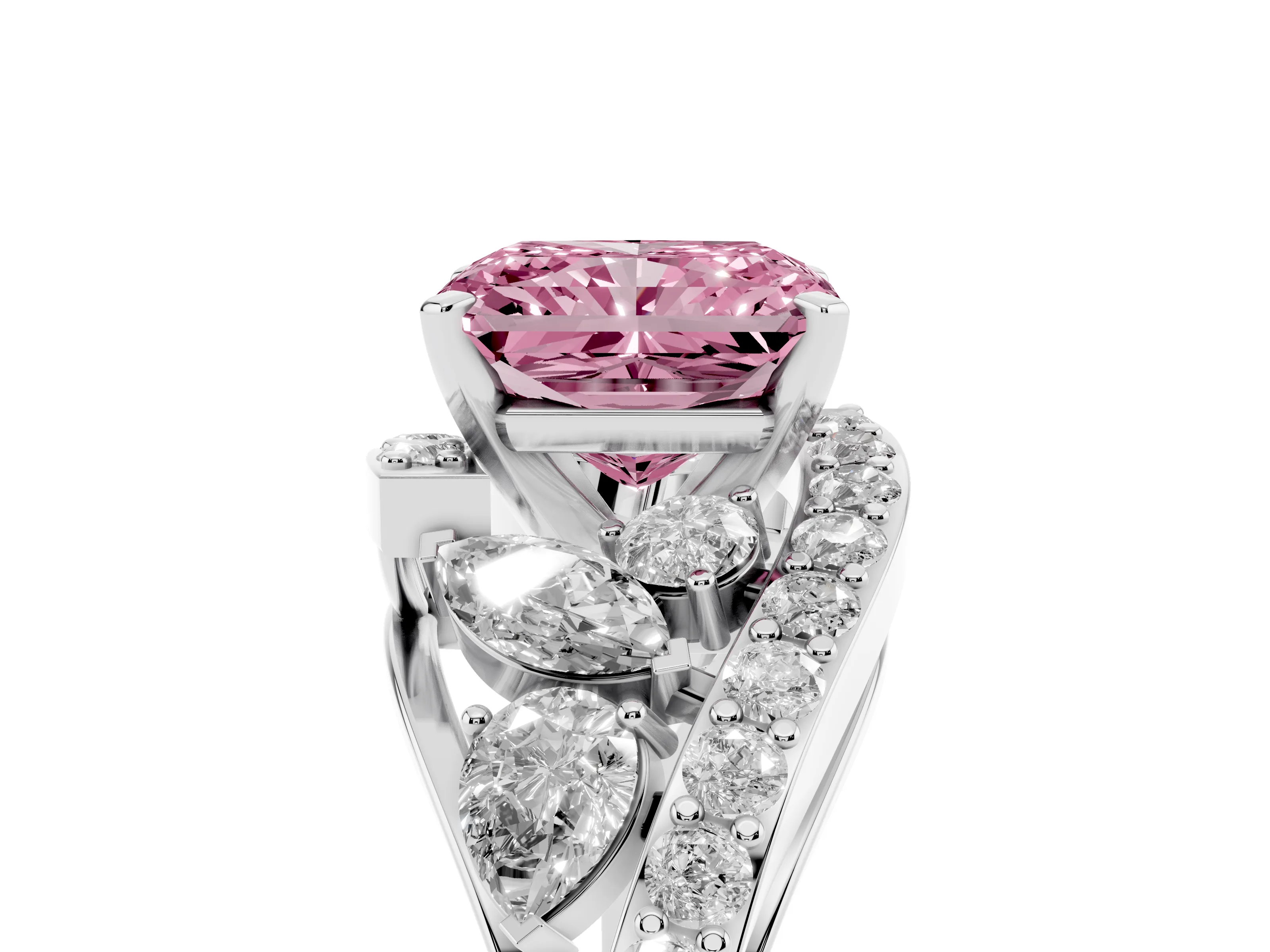 Fancy Pink Radiant Cut Diamond Halo Ring Set in Silver with Marquise and Pavé Band in Prong Setting