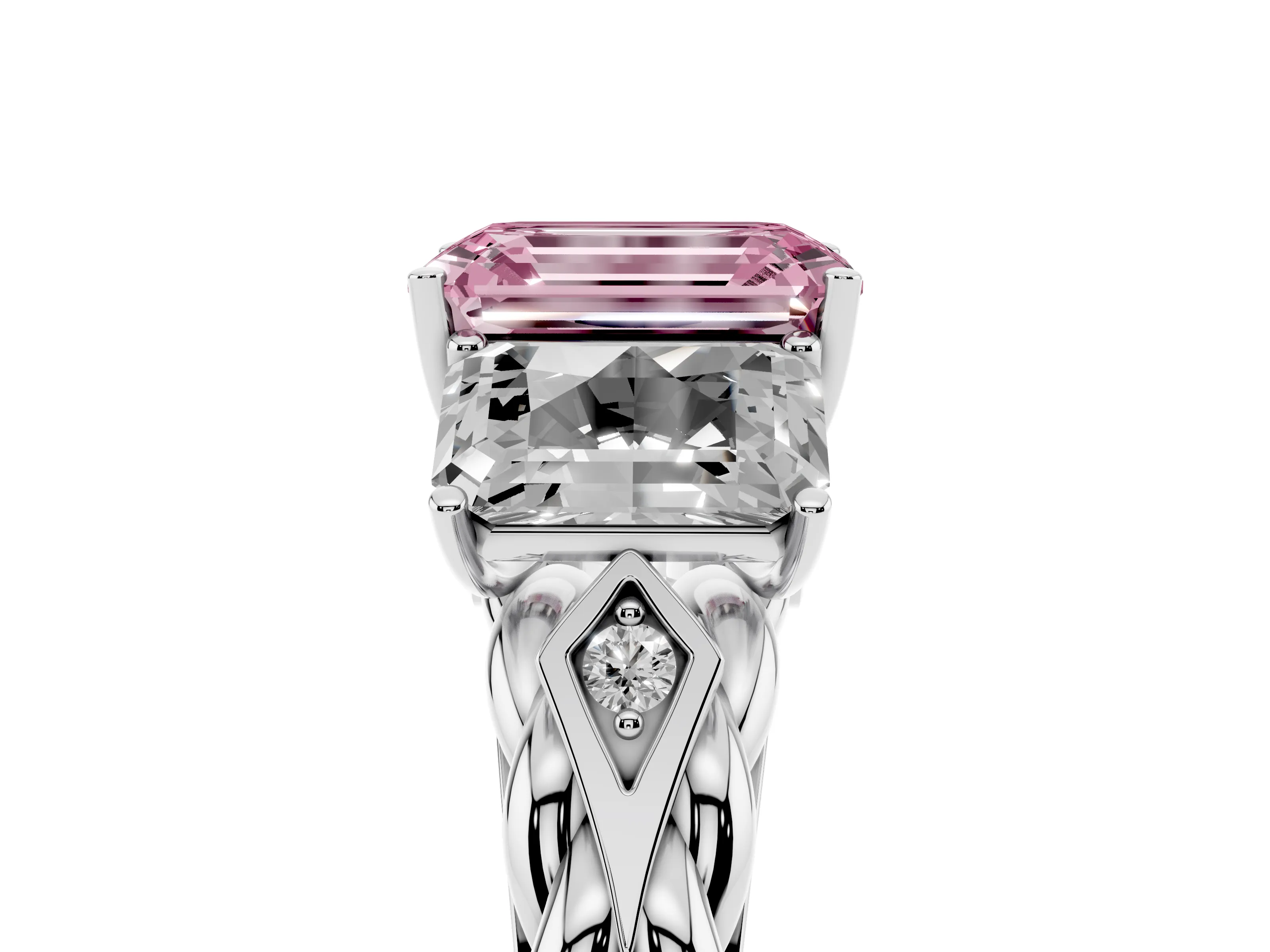Fancy Pink Radiant Cut Diamond Three-Stone Ring Set in Platinum with Braided Band