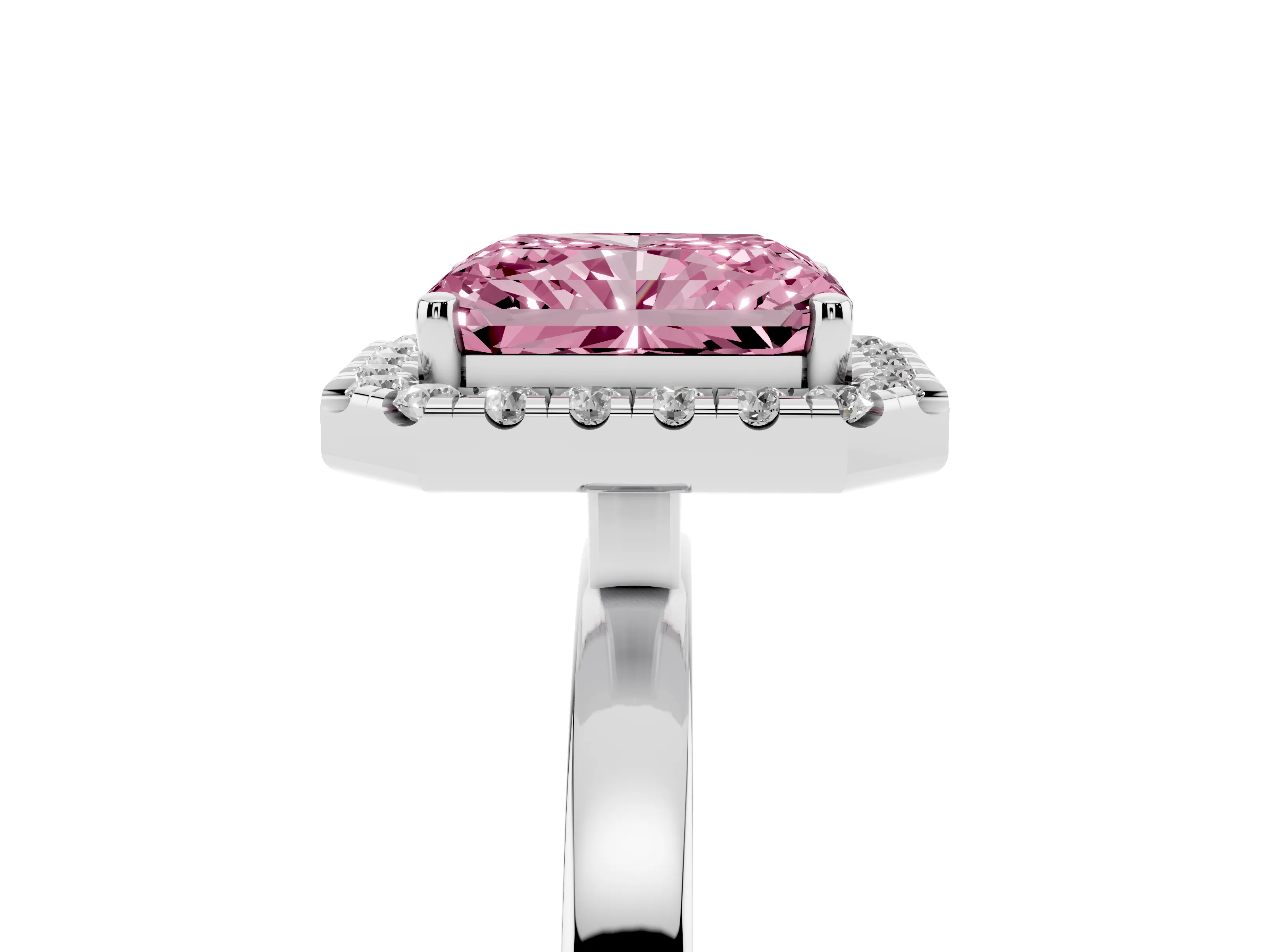 Fancy Pink Radiant Cut Diamond Halo Solitaire Ring Set in Platinum with Pavé Band and Prong Setting