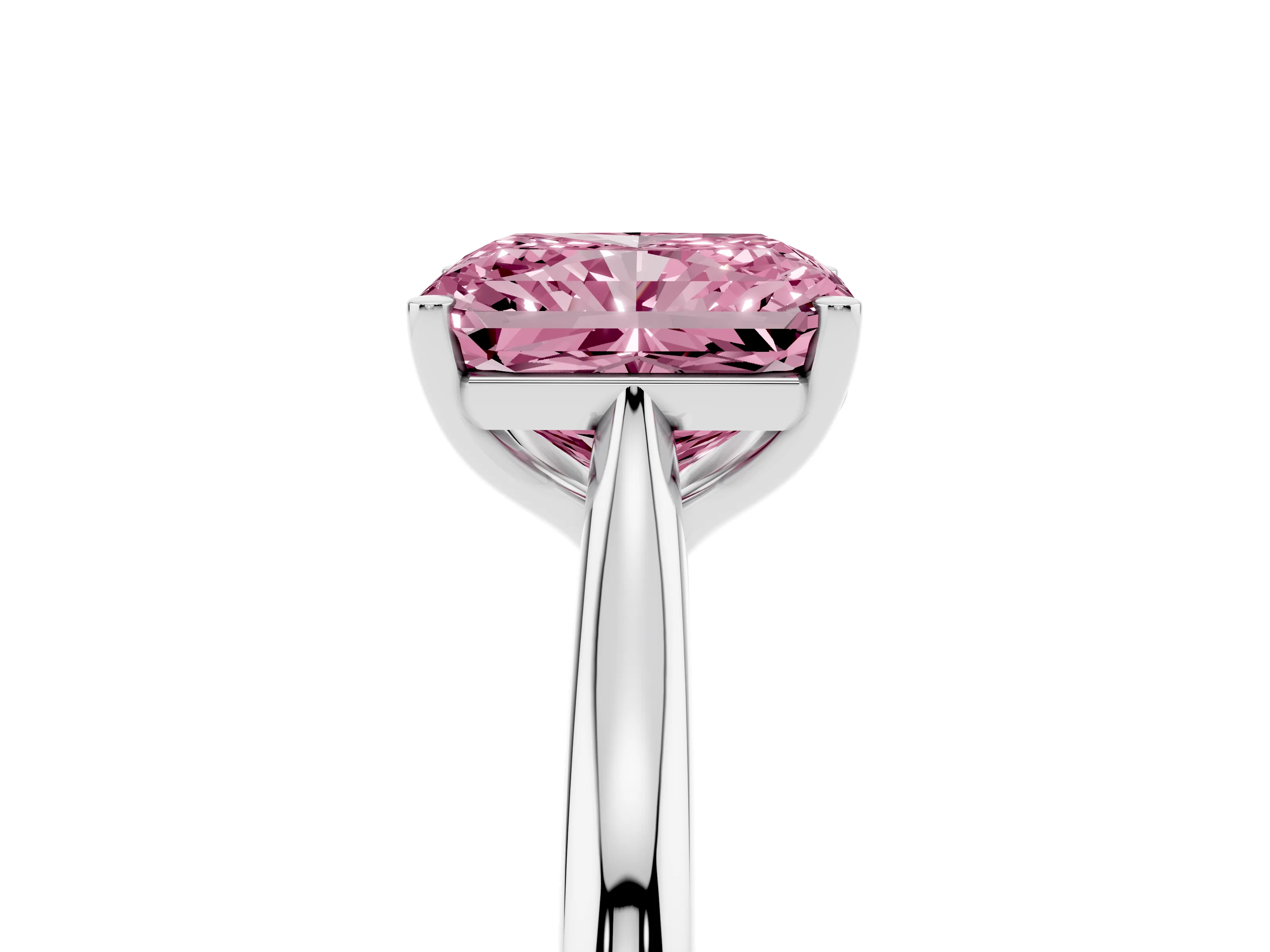 Fancy Pink Radiant Cut Diamond Solitaire Ring Set in Platinum with Cathedral Band and Prong Setting