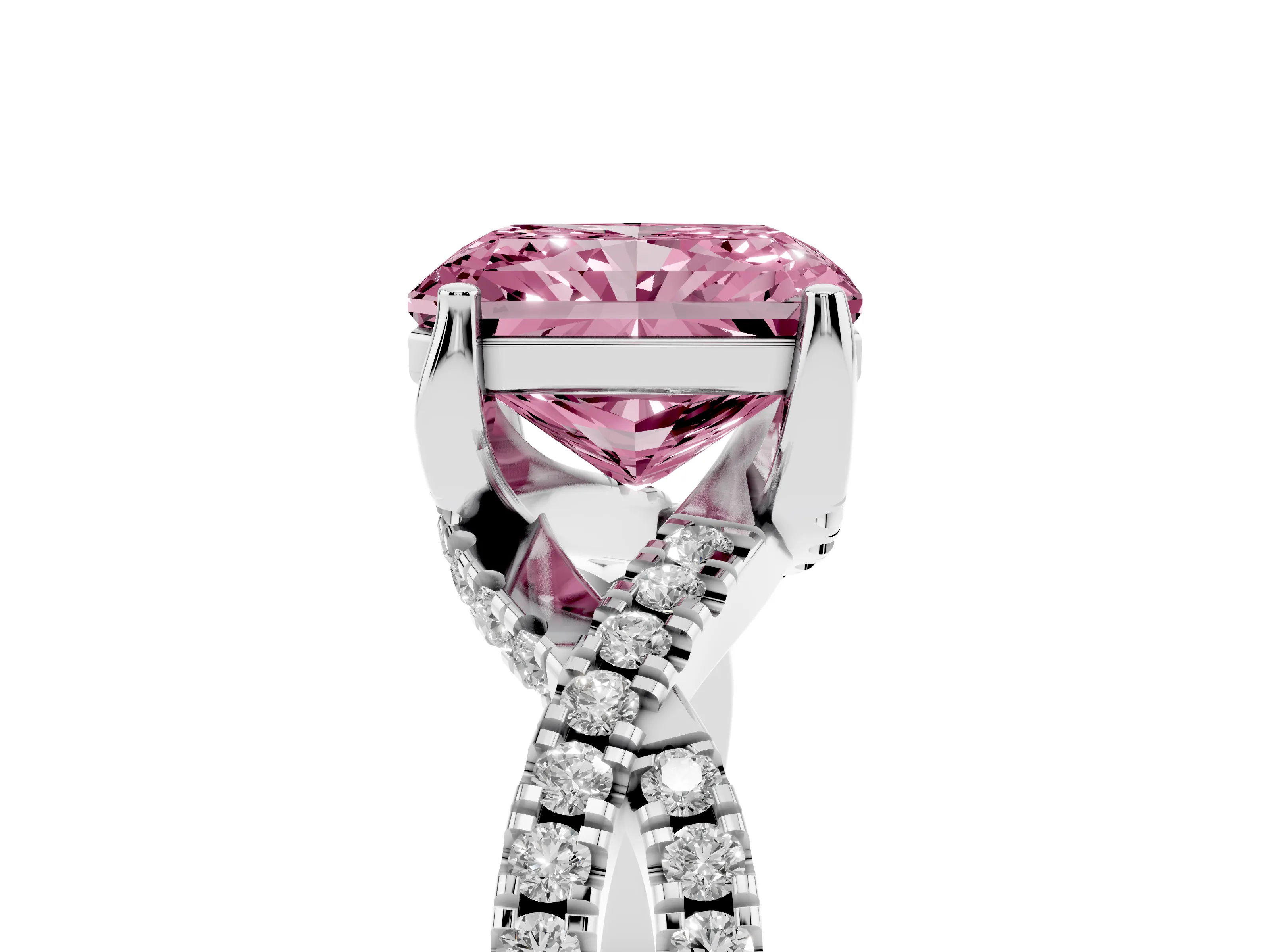 Fancy Pink Radiant Cut Diamond Twist Pavé Solitaire Engagement Ring Set in Silver with Prong Setting