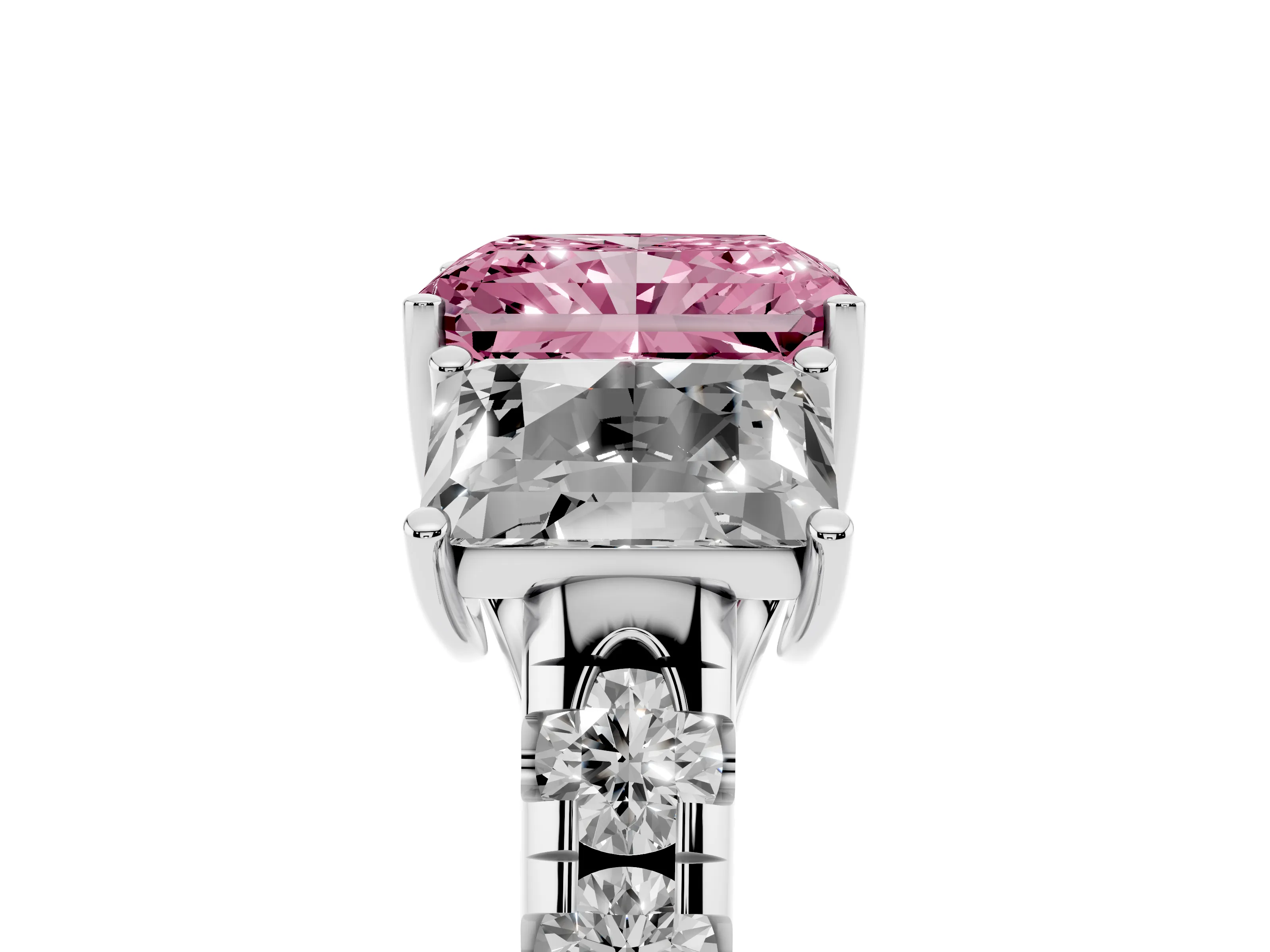 Fancy Pink Radiant Cut Diamond Three-Stone Ring Set in Platinum with Pavé Band