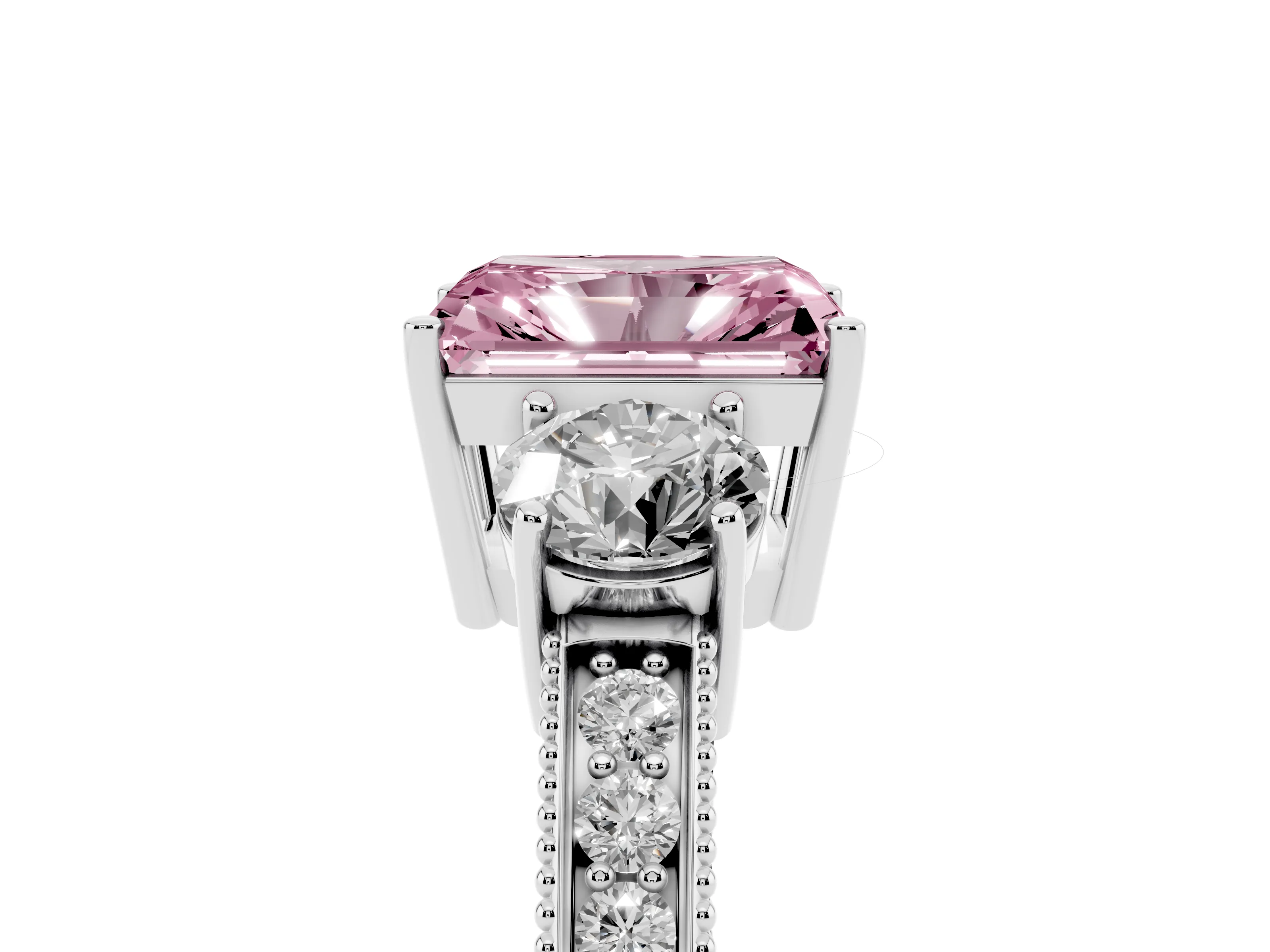 Fancy Pink Radiant Cut Diamond Three-Stone Ring Set in Platinum with Round Side Stones and Pavé Band