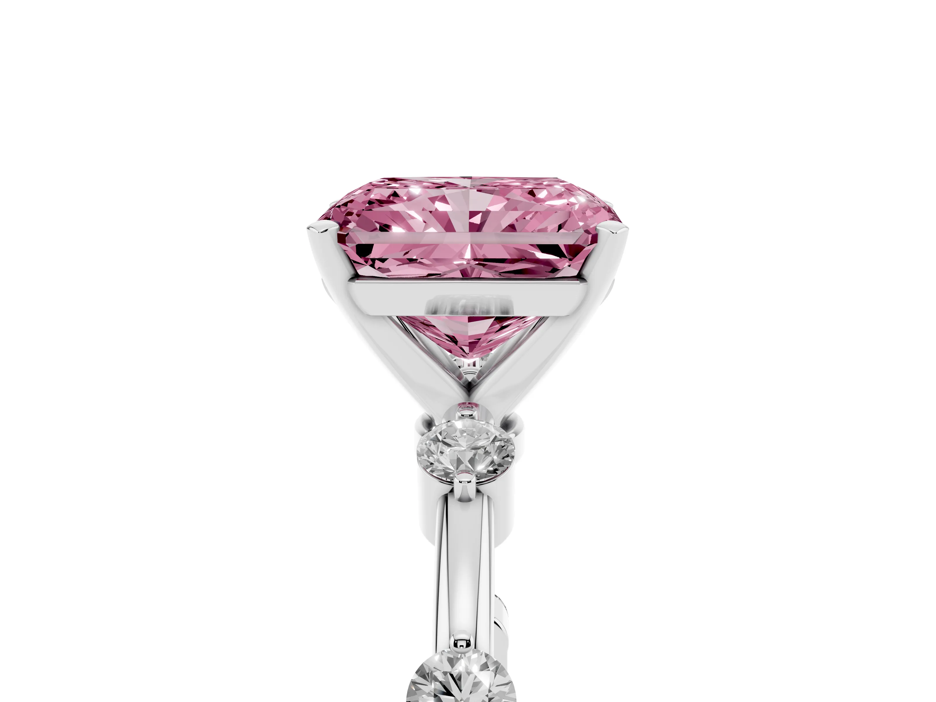 Fancy Pink Radiant Cut Diamond Solitaire Ring Set in Silver with Bezel Set Side Stones and Prong Setting