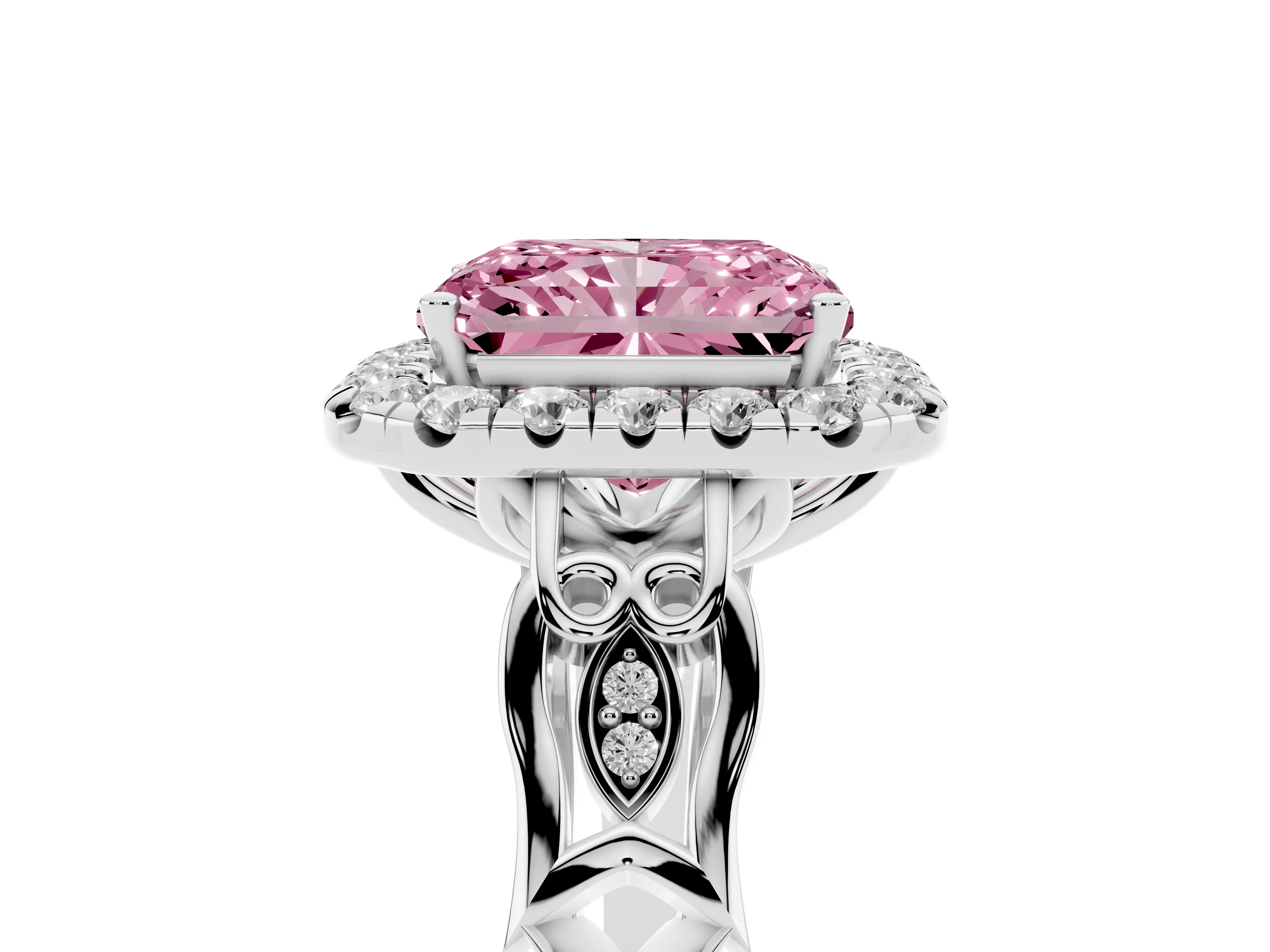 Fancy Pink Radiant Cut Diamond Halo Engagement Ring Set in Silver with Filigree Band and Prong-Set Center