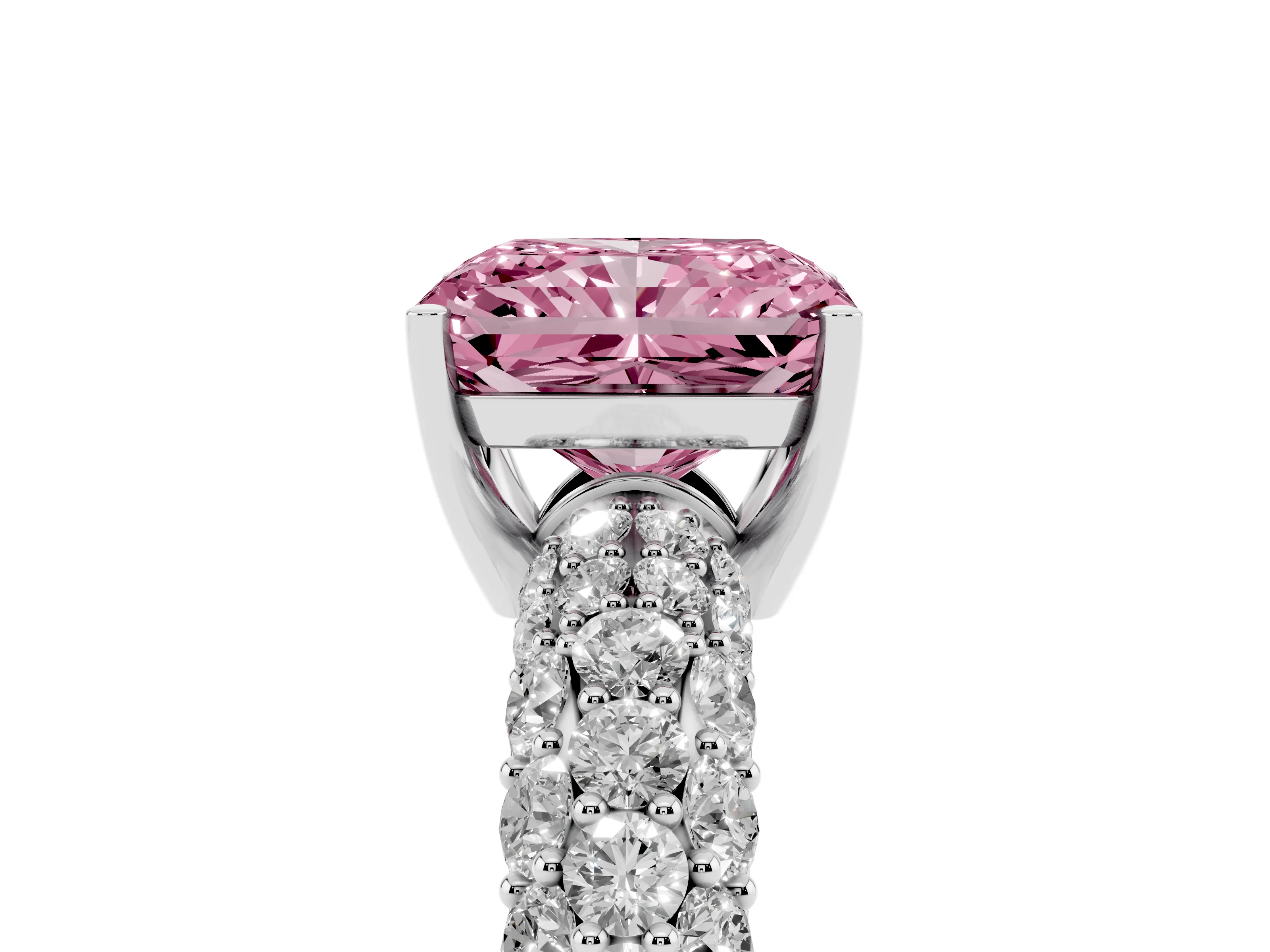 Fancy Pink Radiant Cut Diamond Pavé Band Solitaire Ring Set in Platinum with Close-Set Accent Stones and Prong Setting