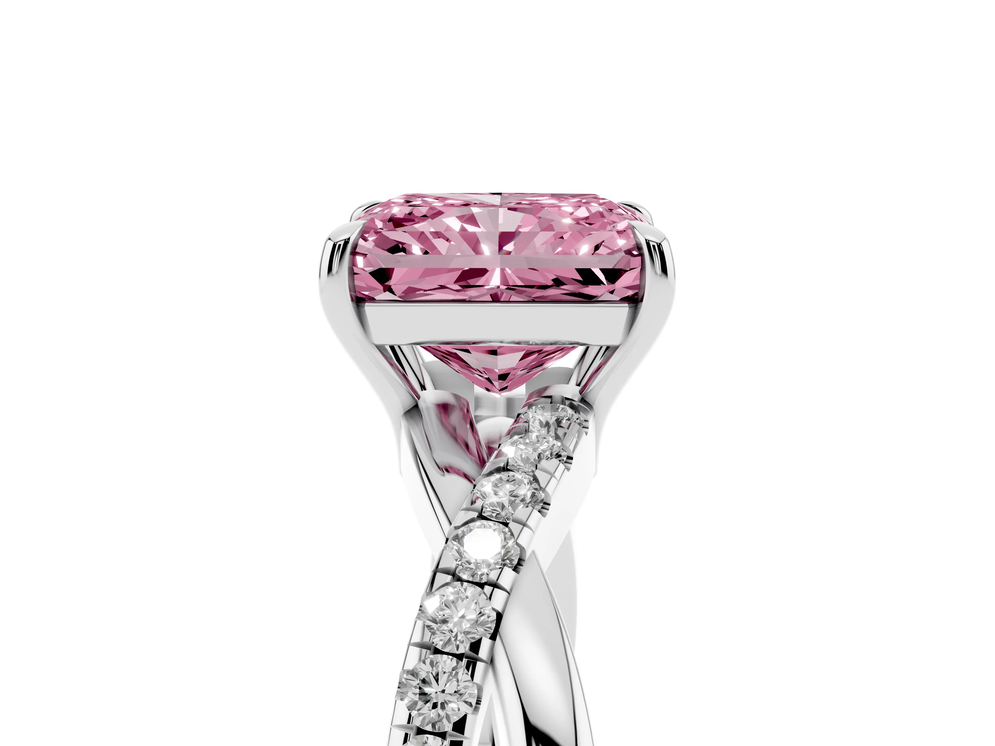 Fancy Pink Radiant Cut Diamond Twisted Pavé Band Ring Set in Silver with Prong Setting